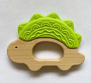 Mostara Dinosaur Baby Teether Ring for 3+ Months, Non-Toxic BPA Free Food Grade Silicone and Beech Wood, Baby Tested for Easy Grip and Soothing Teething Pain (Tea Shoot Green) (1 pc)
