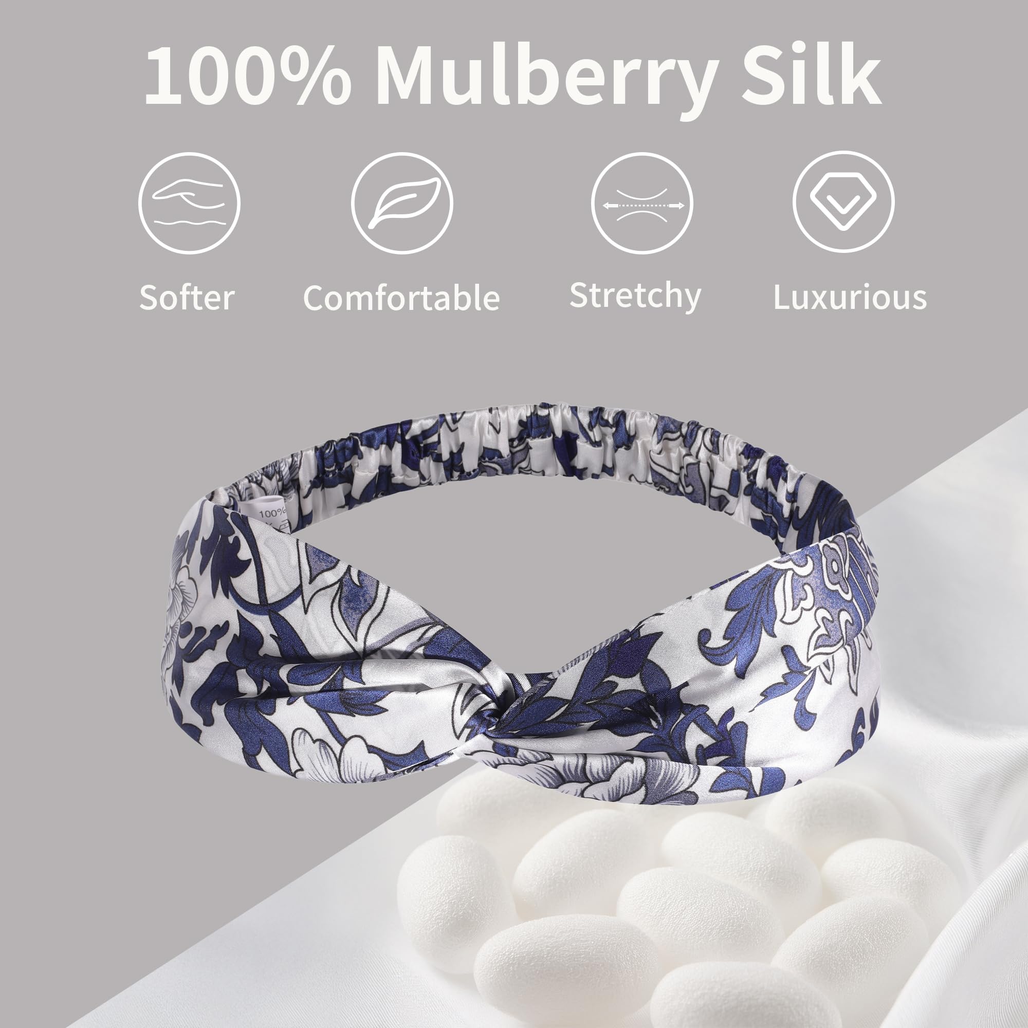 ZLYC Bandeau torsadé en soie de mûrier pour femme (fleuri, bleu marine et blanc) - Taille unique