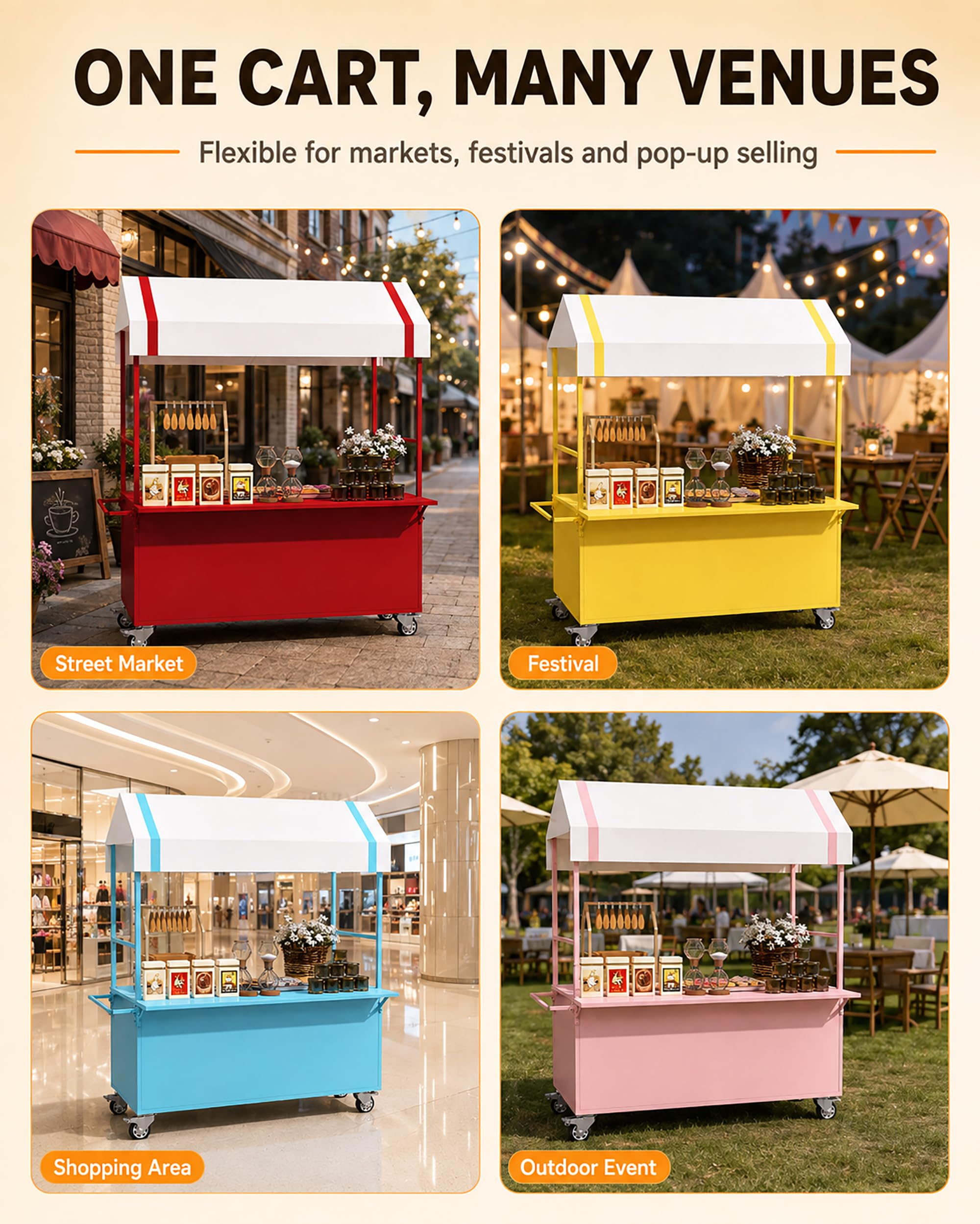 Carrello Portatile per Venditori Ambulanti con Pannello Estensibile Pieghevole, Espositore da Strada, Carrello Mobile per Alimenti con Tettoia per Street Food, caffè, Eventi