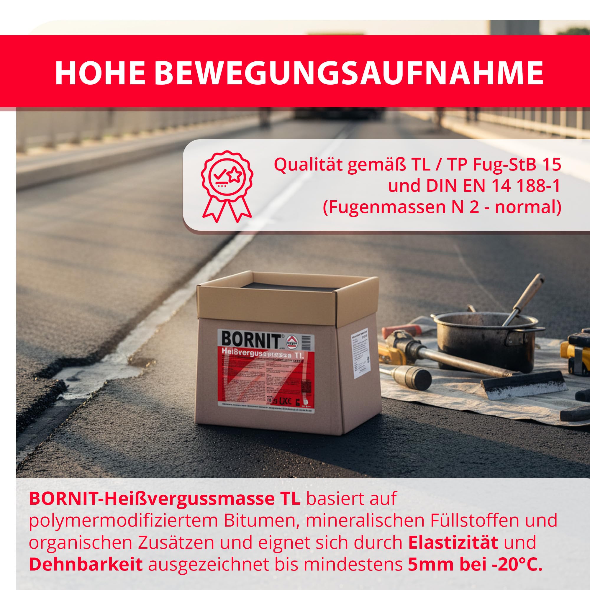 BORNIT Heißvergussmasse TL 10 kg Bitumen Dichtmasse Asphalt Rissfüller Asphalt Reparatur [polymermodifiziert] Straßen Vergussmasse elastische Fugenmasse Rissfüller für Asphalt Beton Brücke Baustelle