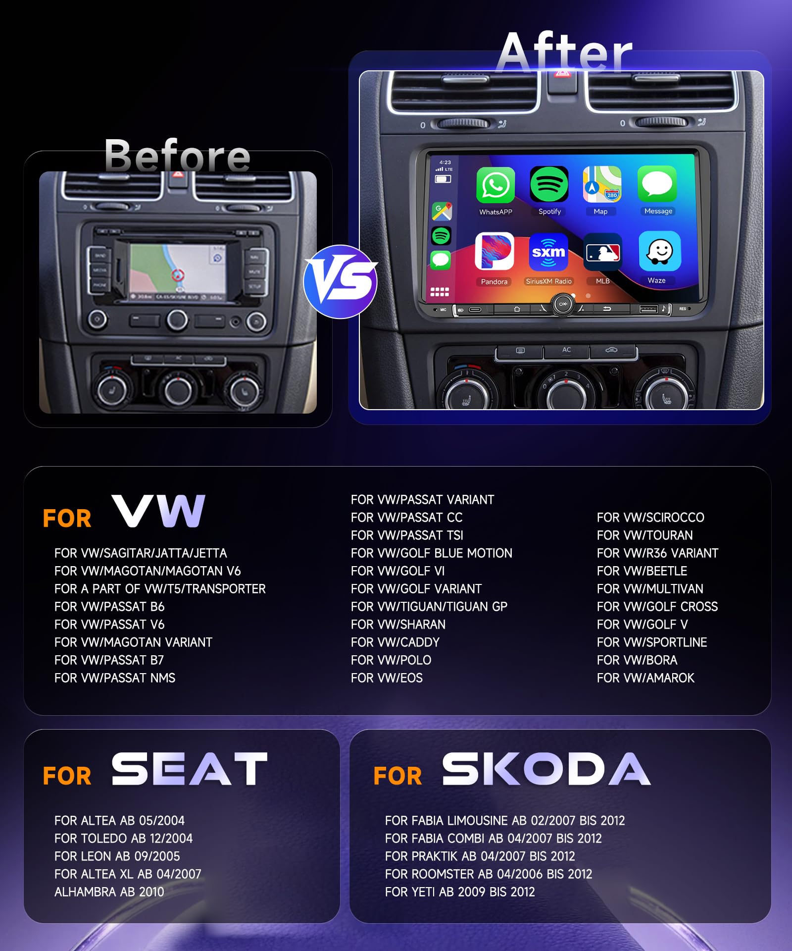 4G/64G VECHTEL 9" Autoradio pour VW Golf 5/6 Polo Passat Skoda Touran Tiguan Seat Carplay Android Auto sans Fil,EQ,WiFi GPS,Mirror Link,RDS/FM Radio 2 Din,Bluetooth Autoradio avec caméra de recul