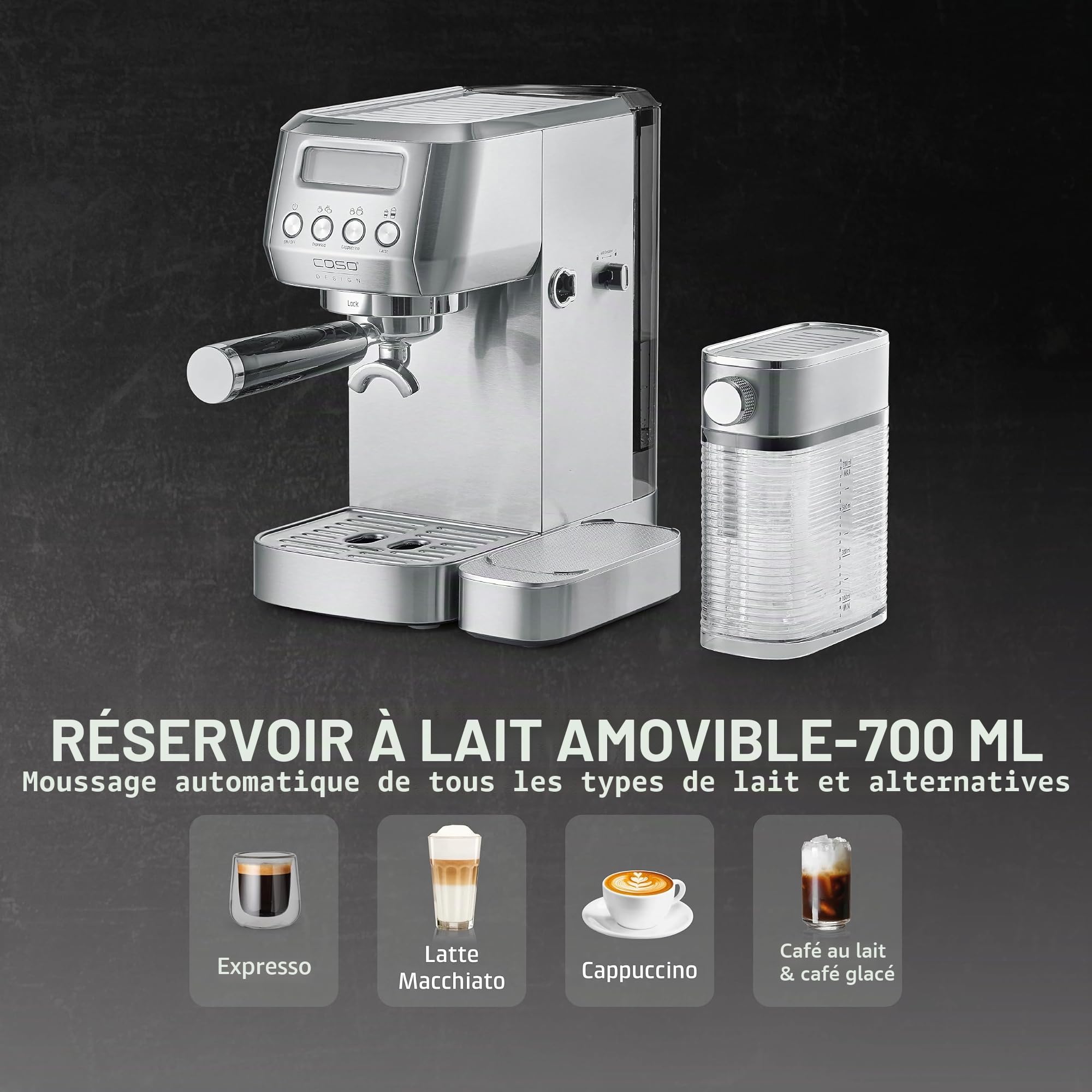 CASO Espresso Gourmet Latte – Jugement test très bien, machine à café avec réservoir à lait intégré, pompe ULKA 20 bar, plaque chauffante pour tasses, 1 ou 2 tasses, argent, acier inoxydable