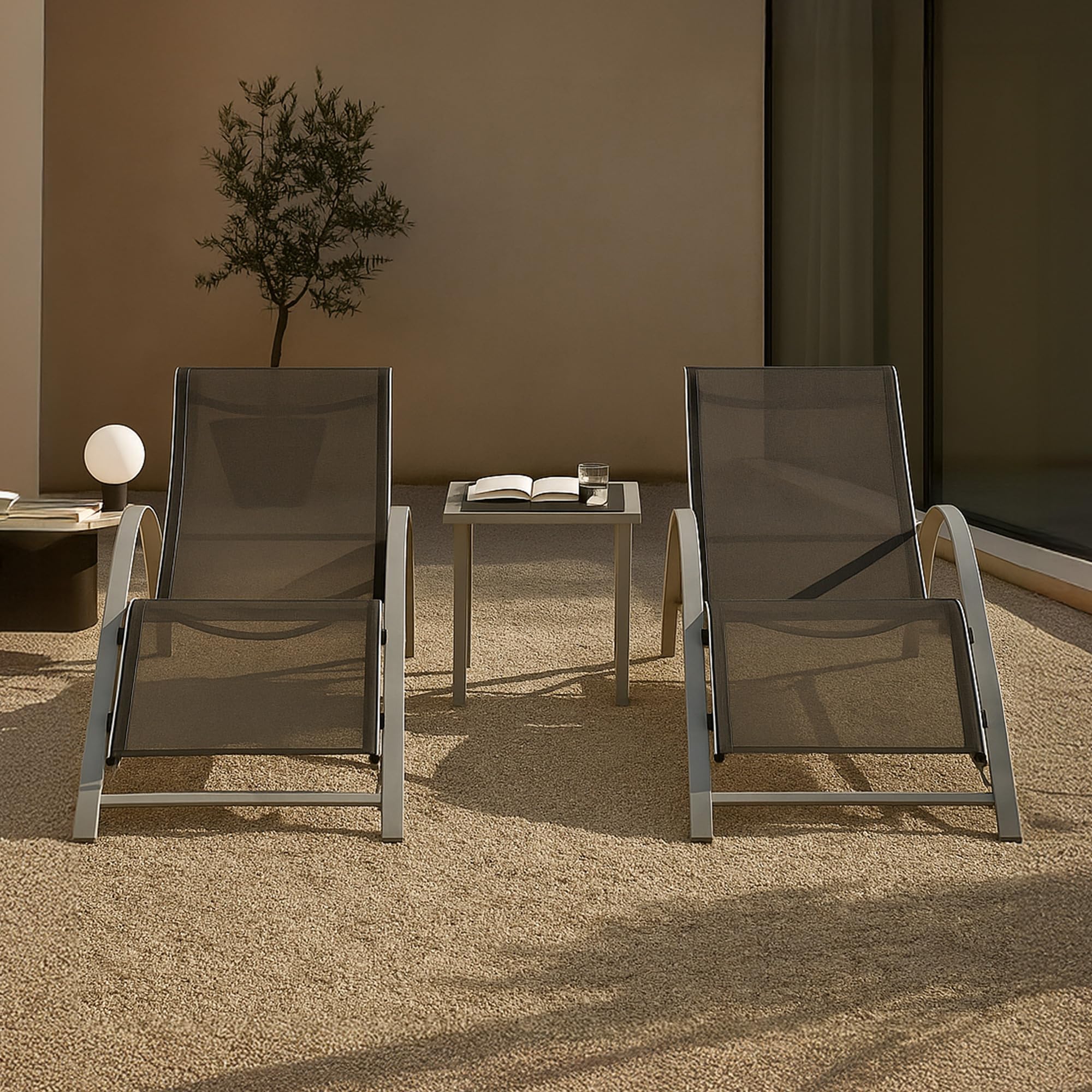 [en.casa] Juego de Muebles de Jardín Binetto Set de 2 Tumbonas con 1 Mesa Exterior Balcón Terraza Piscina Jardín Acero Vidrio - Gris Negro