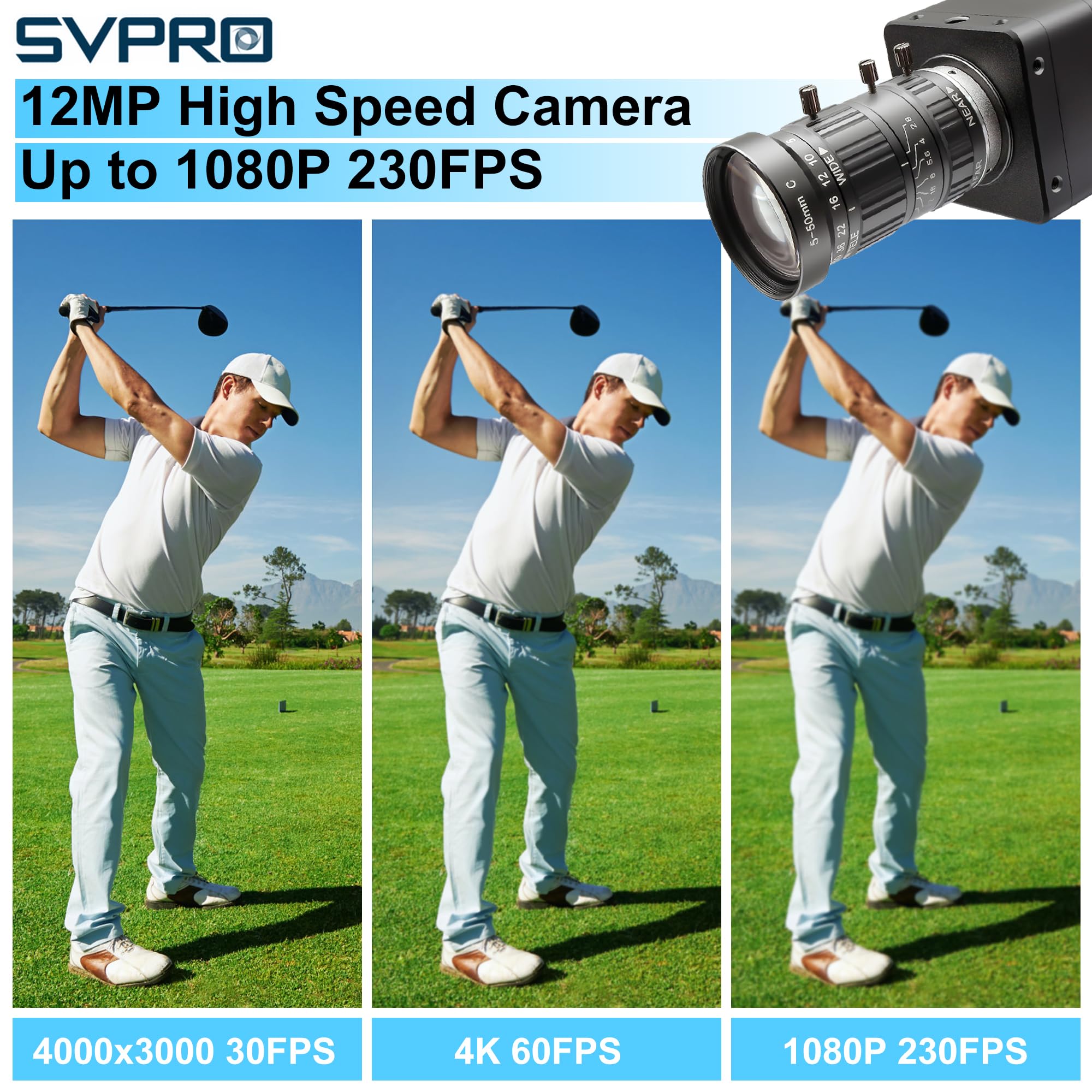 Svpro Webcam da 12 MP, USB 3.0, ad alta velocità, 1080p/230fps, 4K/60fps, messa a fuoco manuale, con obiettivo zoom da 5-50 mm, fotocamera UVC per Windows, Linux, Mac, Android