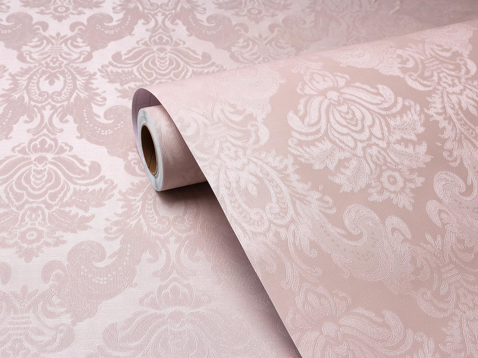 FunStick Vintage Light Pink Wallpaper Peel and Stick Textured Victorian Damask Floral Wall Paper Pink Contact Paper for Cabinets Removable Renter