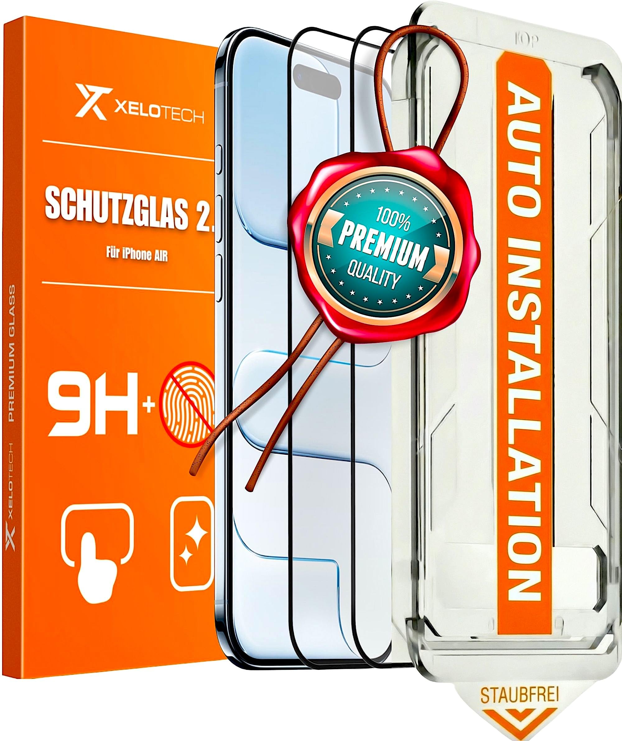 XeloTech DE Schutzglas für iPhone 17 Air aus Panzerglas, Extrem Kratzfest (9H+), automatische Ausrichtung mit neuer Antistaub-Schablone, 2 Gläser