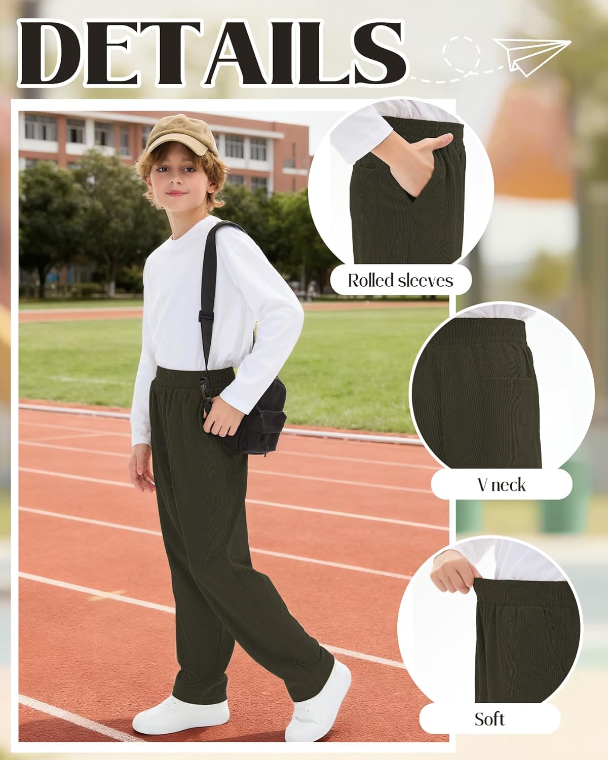 3 Pack Boys' School Uniform Pants Corduroy Pull-on Sweatpants Straight Leg Elastic Waist Joggers with Pockets - Image 4