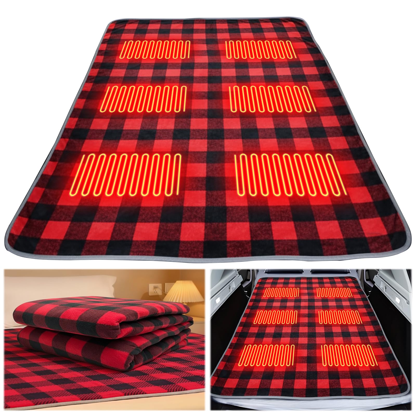 Almohadilla eléctrica de calefacción con 3 temperaturas ajustables, USB portátil, 6 zonas de calor, impermeable para camping y senderismo, color rojo