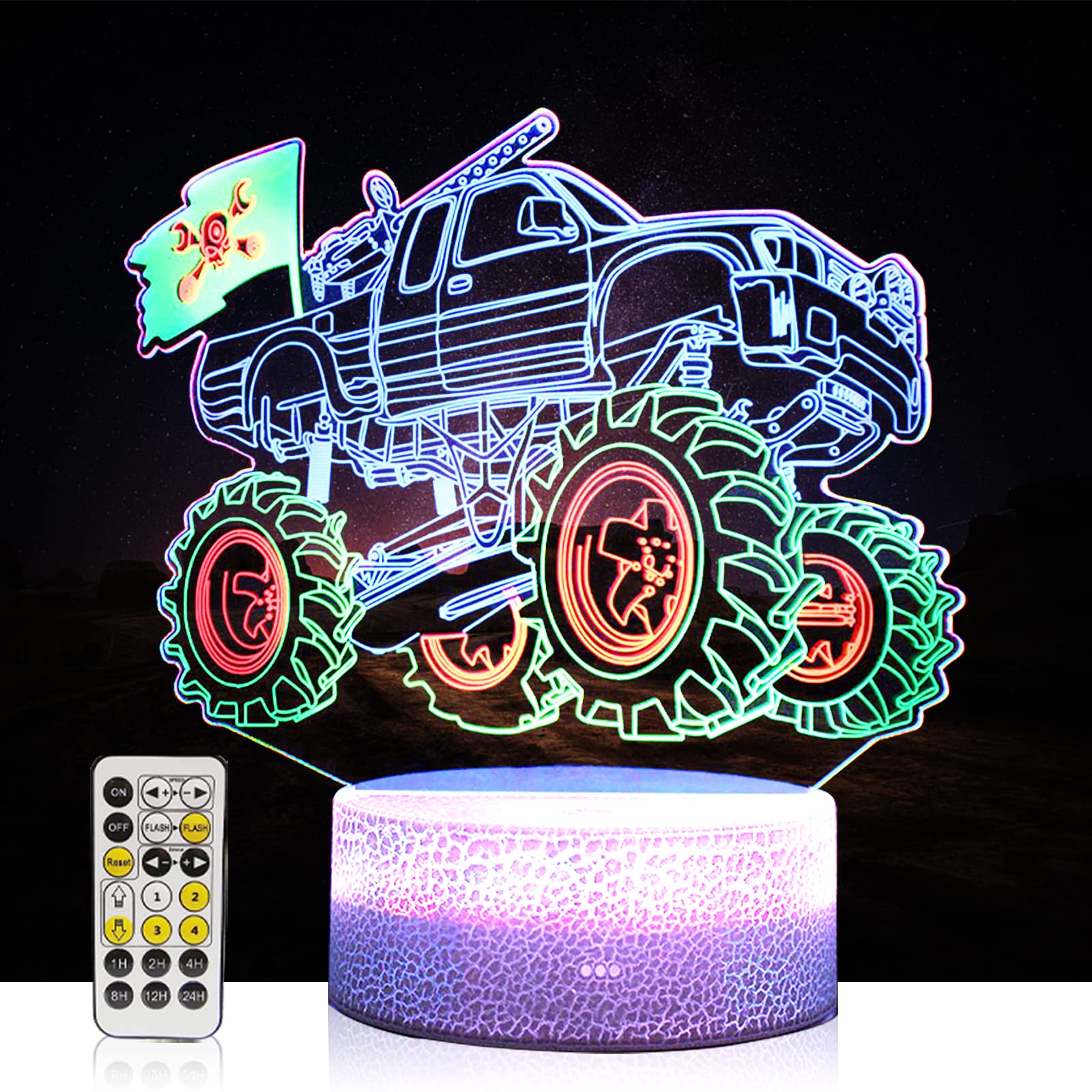 Monster Truck Night Light for Boys Birthday Gifts, 3D Car Night Light with 7 Color Change/Flash/Remote/Touch Control/Dimmer/Timing, Monster Jam Decor for Teen Kids Bedroom Table Lamp Children’s Day
