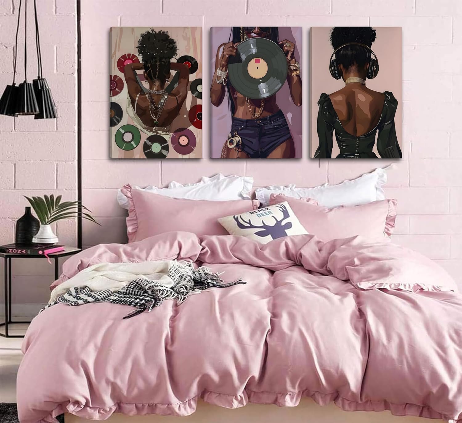 3Pcs Framed Black Woman Wall Art Pink DJ Black Girl Canvas Prints Fashion African American Music Girl Pictures Paintings Purple Personality Wall decor for Living Room Bedroom Bathroom Decorate Purple 24"L x 16"W