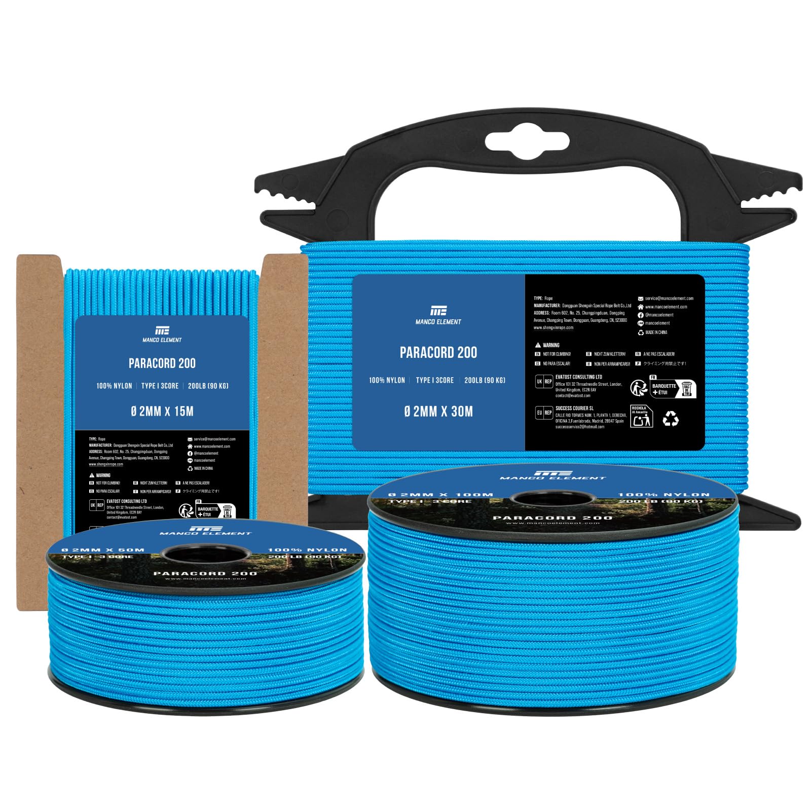 Manco Element Paracord 2mm 15m 3 Strands Type I Blue | 100% Nylon Parachute Cord Rope | 90KG Load Capacity - Ideal for DIY, Crafting, Outdoor, Camping