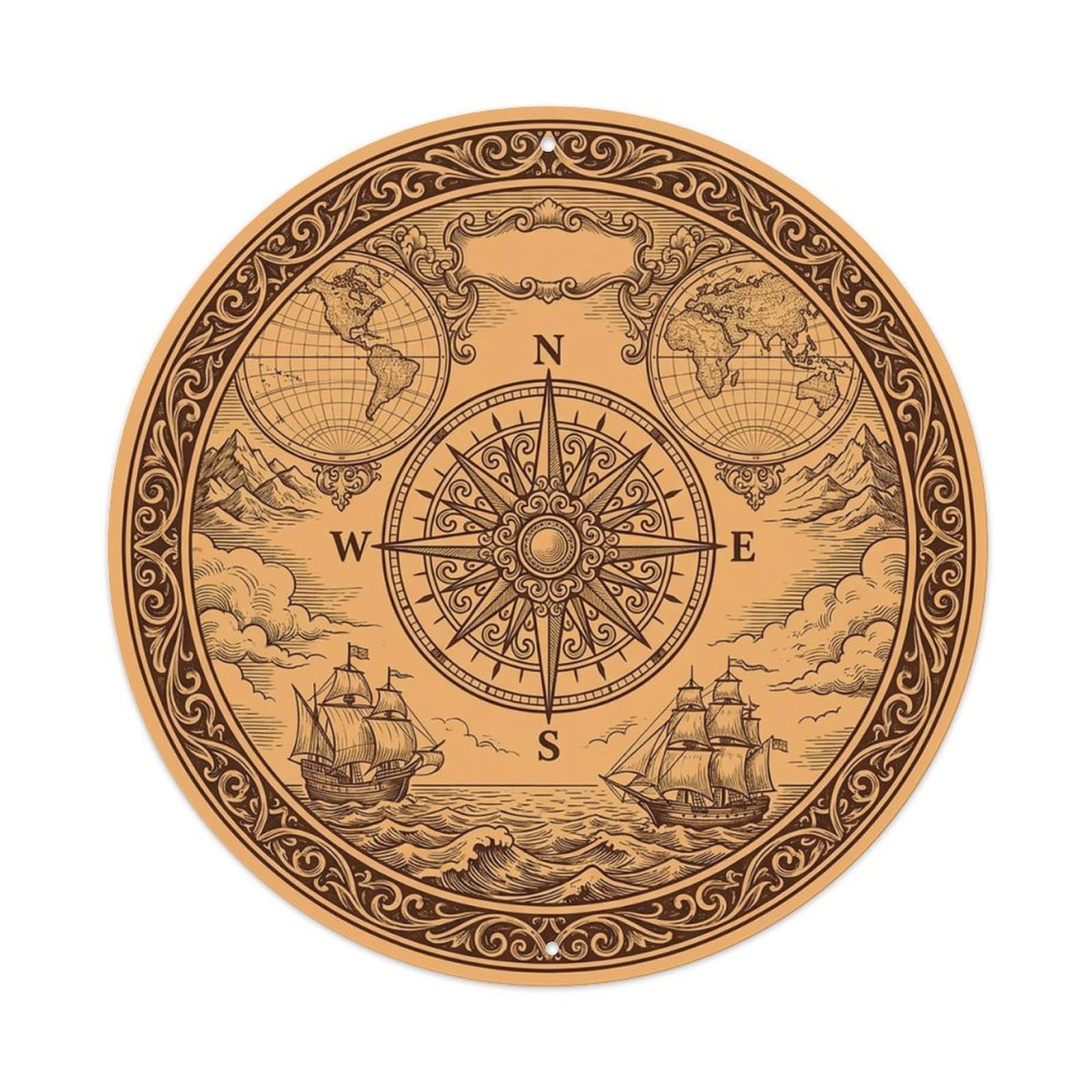 Vintage Nautical Compass World Map Compendium Legacy Metal Tin Sign