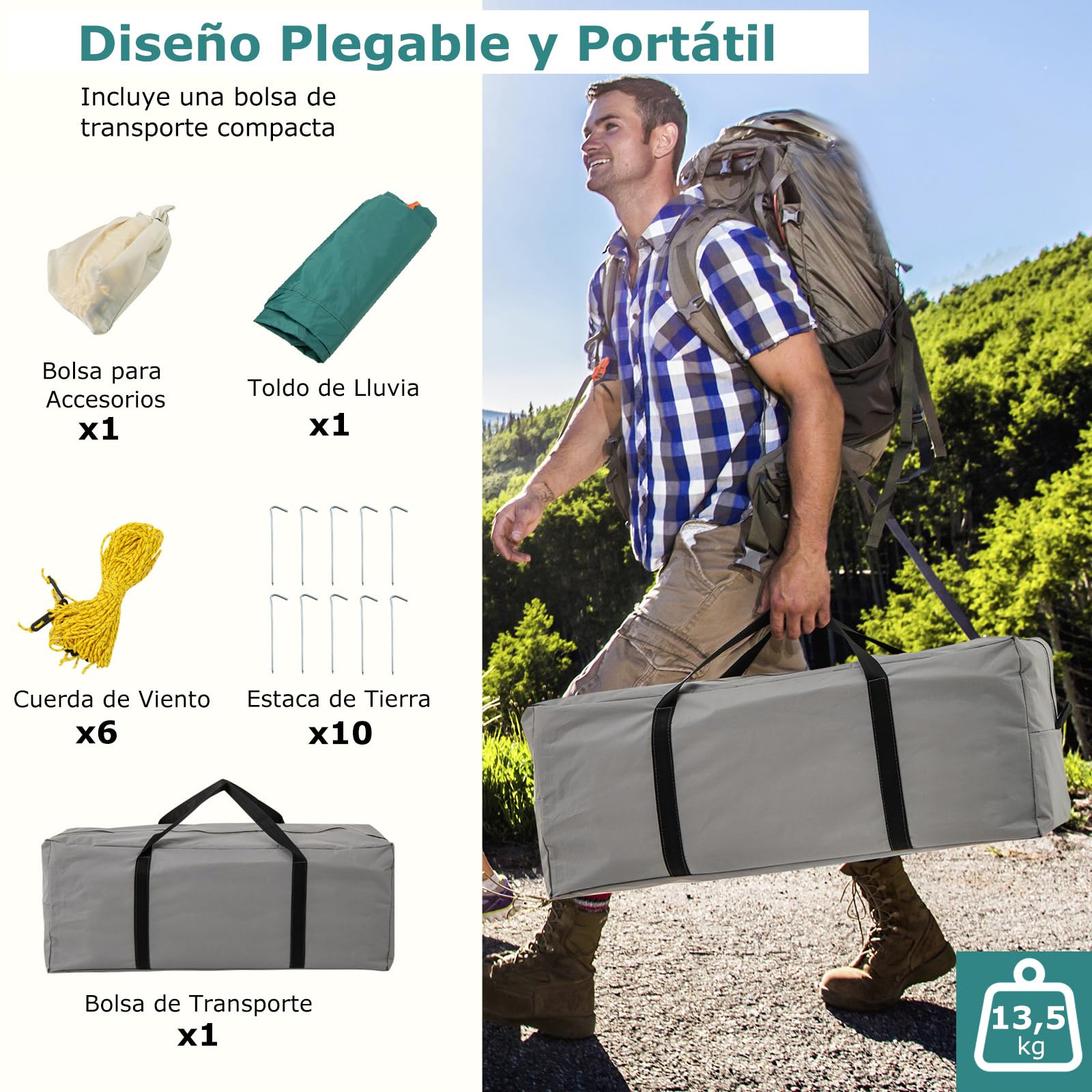 GYMAX Tienda de Campaña con Toldo para 4-6/6-8/8-10 Personas, Tienda Grande con 2 Habitaciones, 2 Puertas, 2 Ventanas, Techo Doble Desmontable y Bolsa de Transporte, Ideal para Camping, Picnics