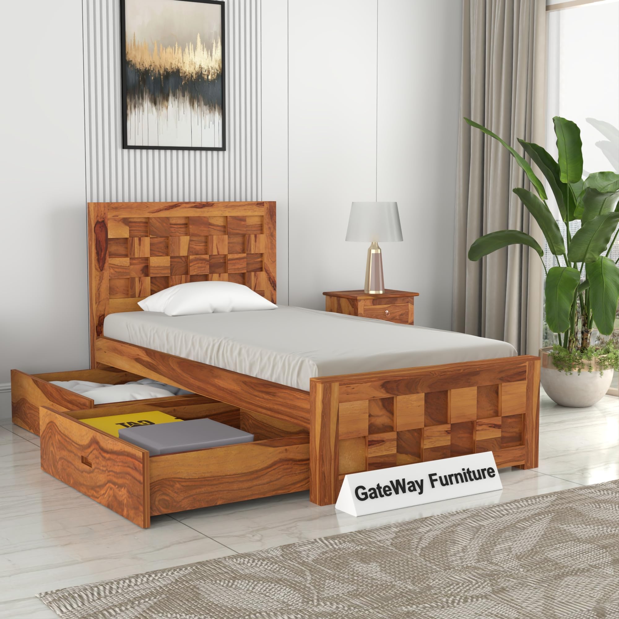 GateWay Furniture Solid Sheesham Wood Bed 6X3 Single Bed with Drawer Storage for Bedroom - Single Cot Wooden BedSingle Size for Living Room Guest Room - 12 Months Warranty (Design 24)