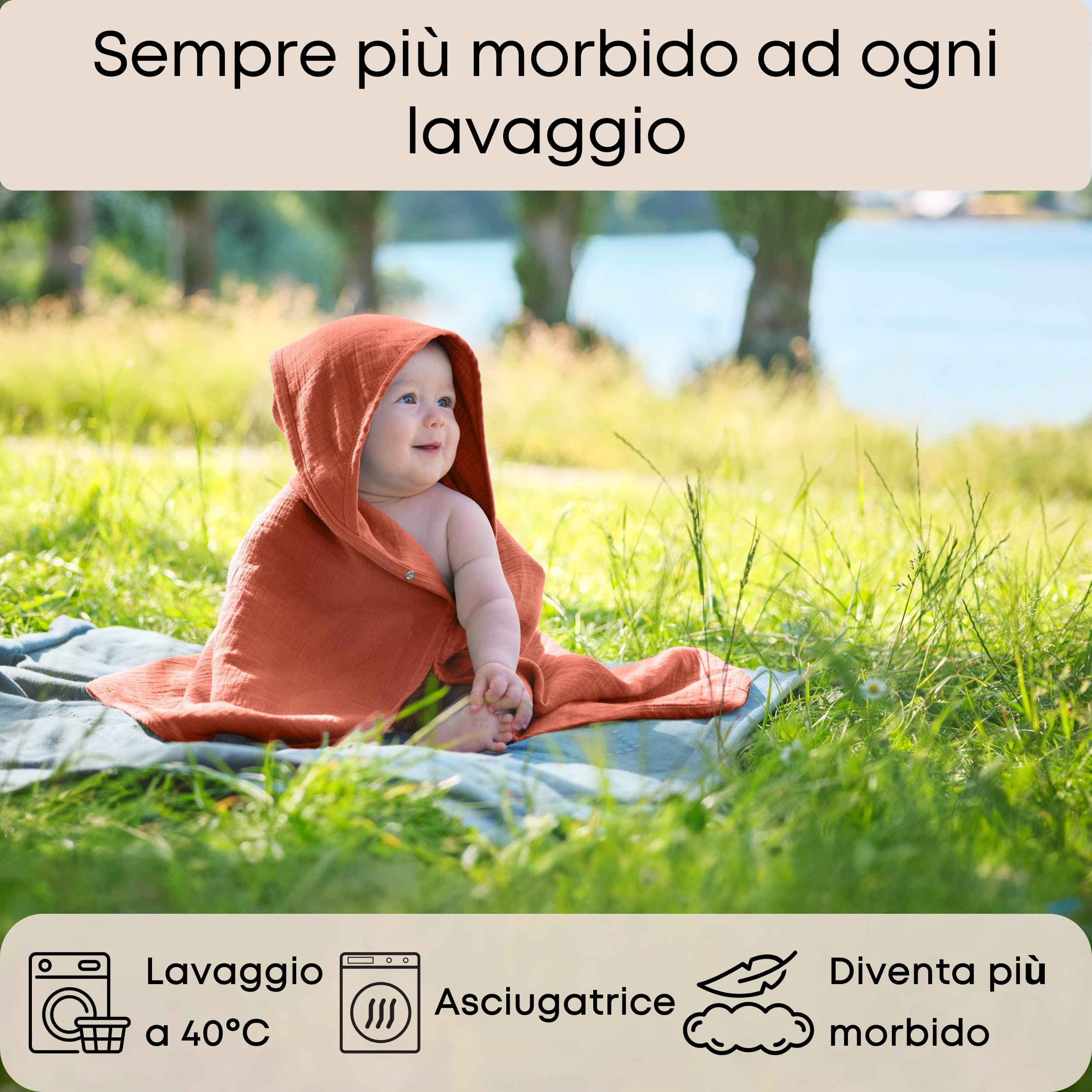 accappatoio neonato 0-3 mesi a 3 anni I 75x75cm I EXTRA morbido e assorbente I Mussola di cotone bio 4 strati GOTS I asciugamano neonato bagnetto I Lavabile 40°C I Asciugamano con cappuccio