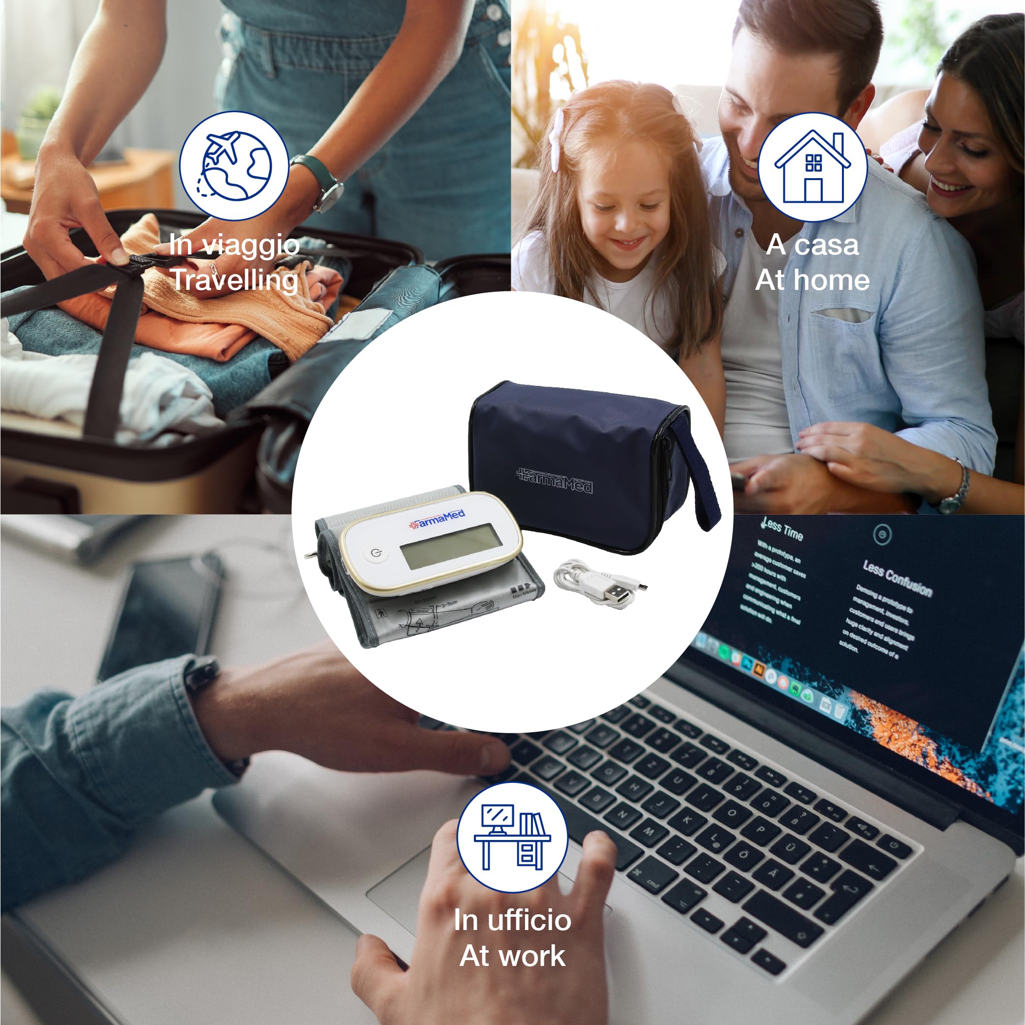 Tensiómetro digital sin cable para el brazo FarmaMed, esfigmomanómetro digital para el brazo, diastólica y sistólica, frecuencia cardiaca, 90 memorias, pantalla LCD, carga USB, con estuche