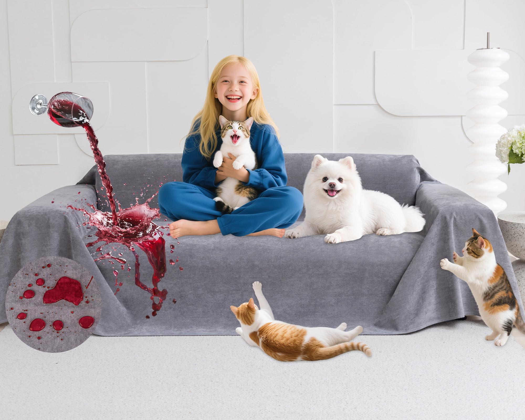 Loiion Couch Covers for 3 Cushion Couch, Gray Cat-Scratch Resistant Sofa Cover –Pets Dogs Friendly Anti Slip Thickened Slipcovers Furniture Protector, Couch Protector for Pets and Kids 150"X71"