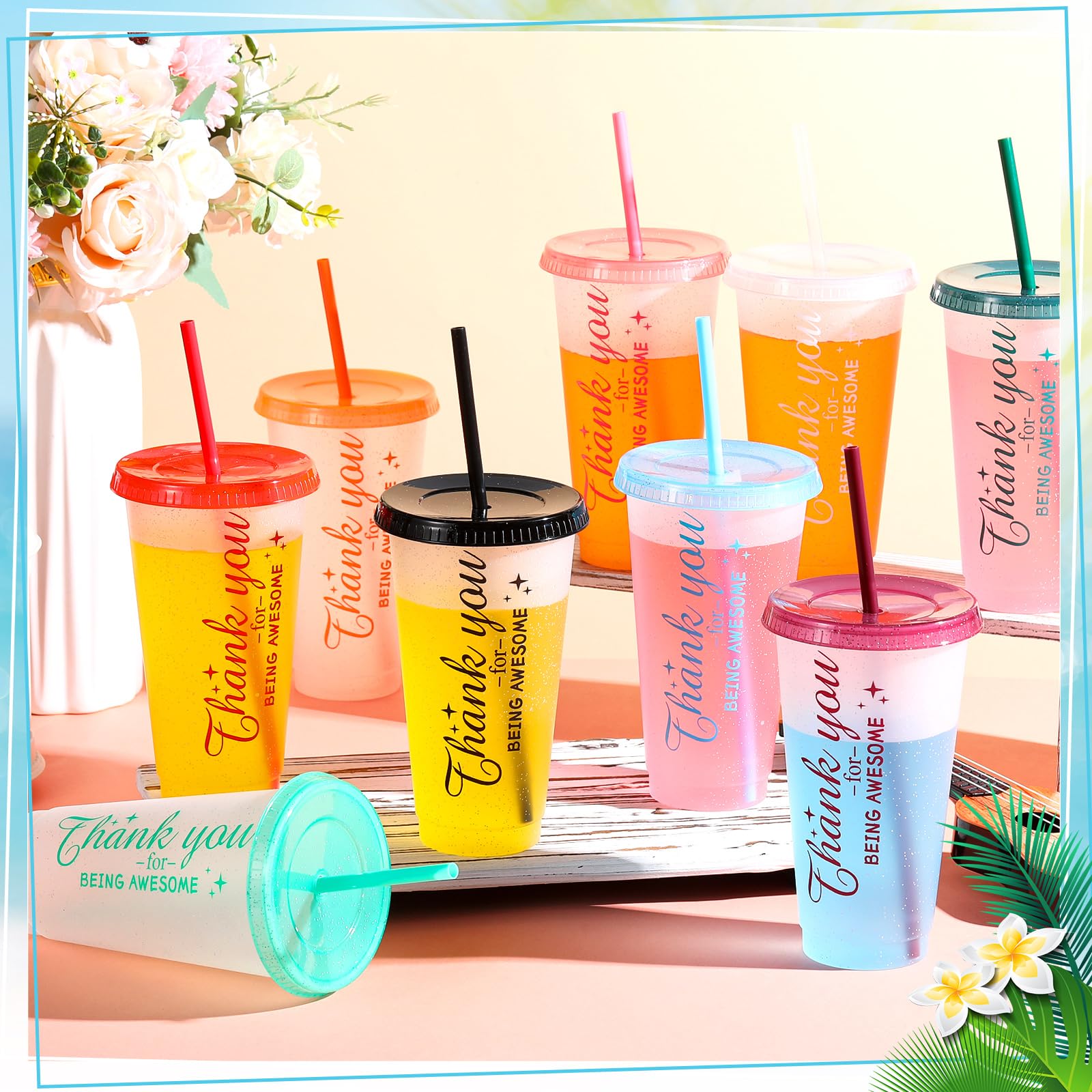 Dandat Lot de 36 gobelets colorés réutilisables en plastique avec couvercle et paille - Cadeau de remerciement pour collègue, enseignant, employé - 710 ml (transparent)