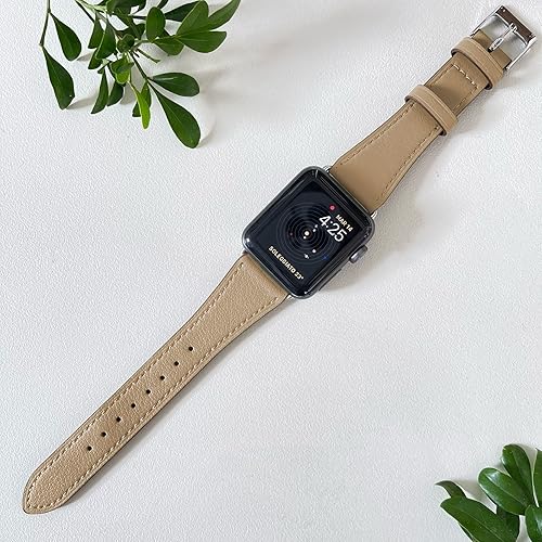 Miniatura 4 de Handodo Correa de reloj de piel delgada para mujer para Apple Watch 7654321 SE, piel auténtica con patrón de nappa, correa de repuesto de liberación