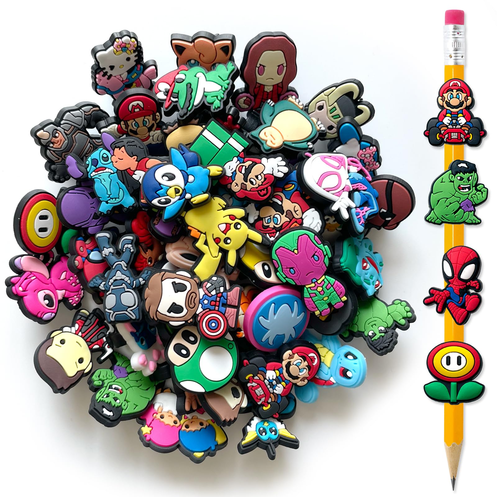 Garetheora 30 50Pcs Random Cartoon Pencil Topper Decorations, Different Cute Pencil Clip for Students School (30)