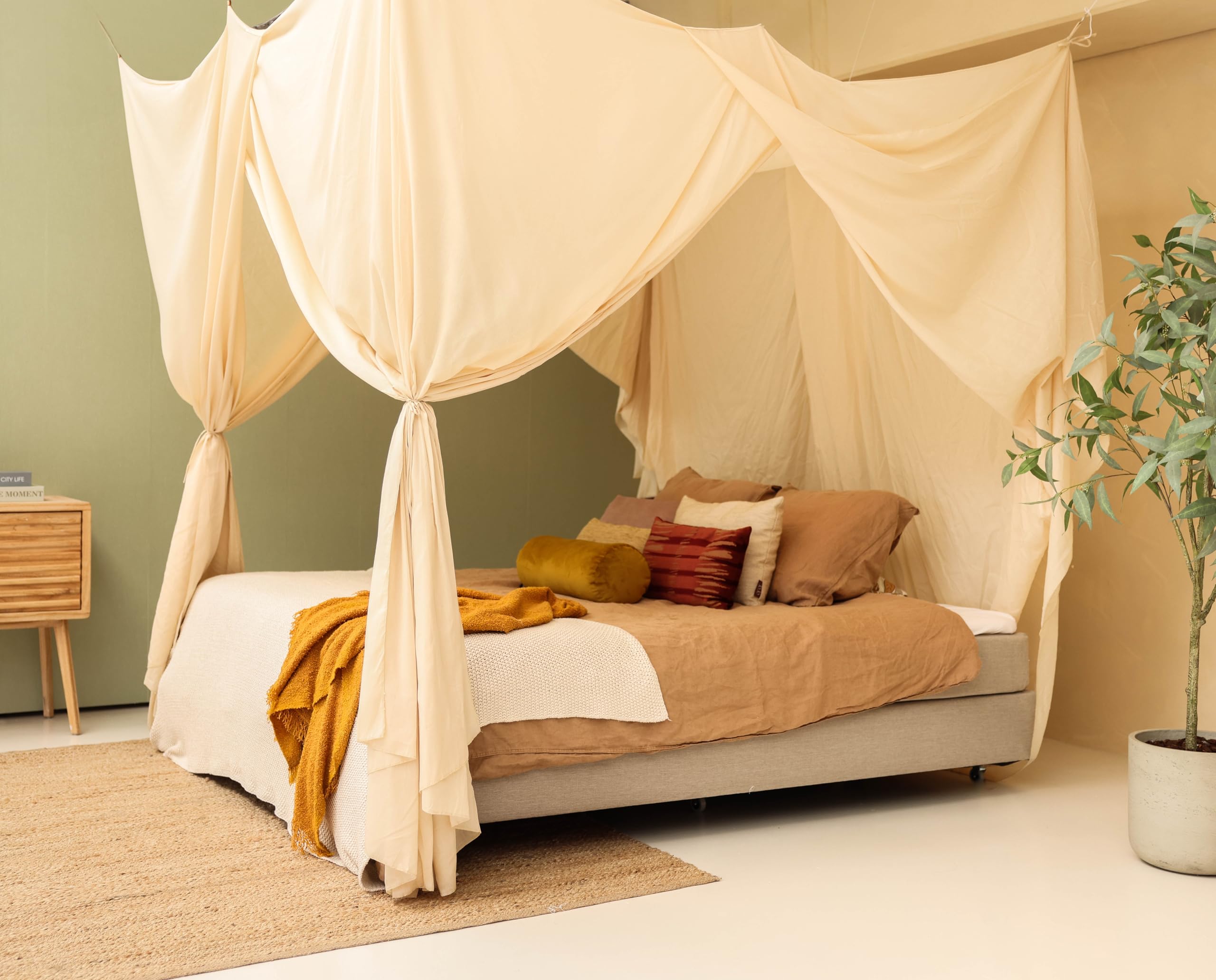 Cremebeiger Betthimmel für Doppelbett | Rechteckiges Moskitonetz Größen | Baldachin Bett für Teenagern & Erwachsenen | Himmelbett für Schlafzimmer