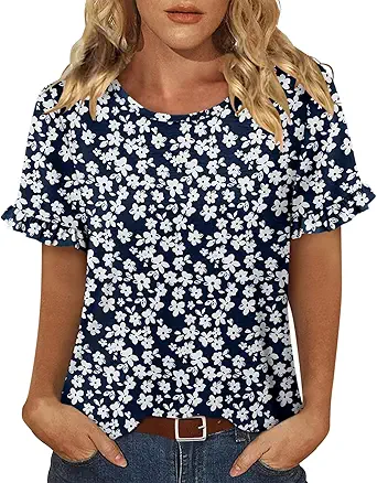 CRAZY GRID Women's Shirts Summer Casual Crewneck Ruffle Short Sleeve Blouses Cute Floral Print Tunic Tops