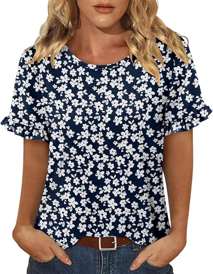 CRAZY GRID Women's Shirts Summer Casual Crewneck Ruffle Short Sleeve Blouses Cute Floral Print Tunic Tops