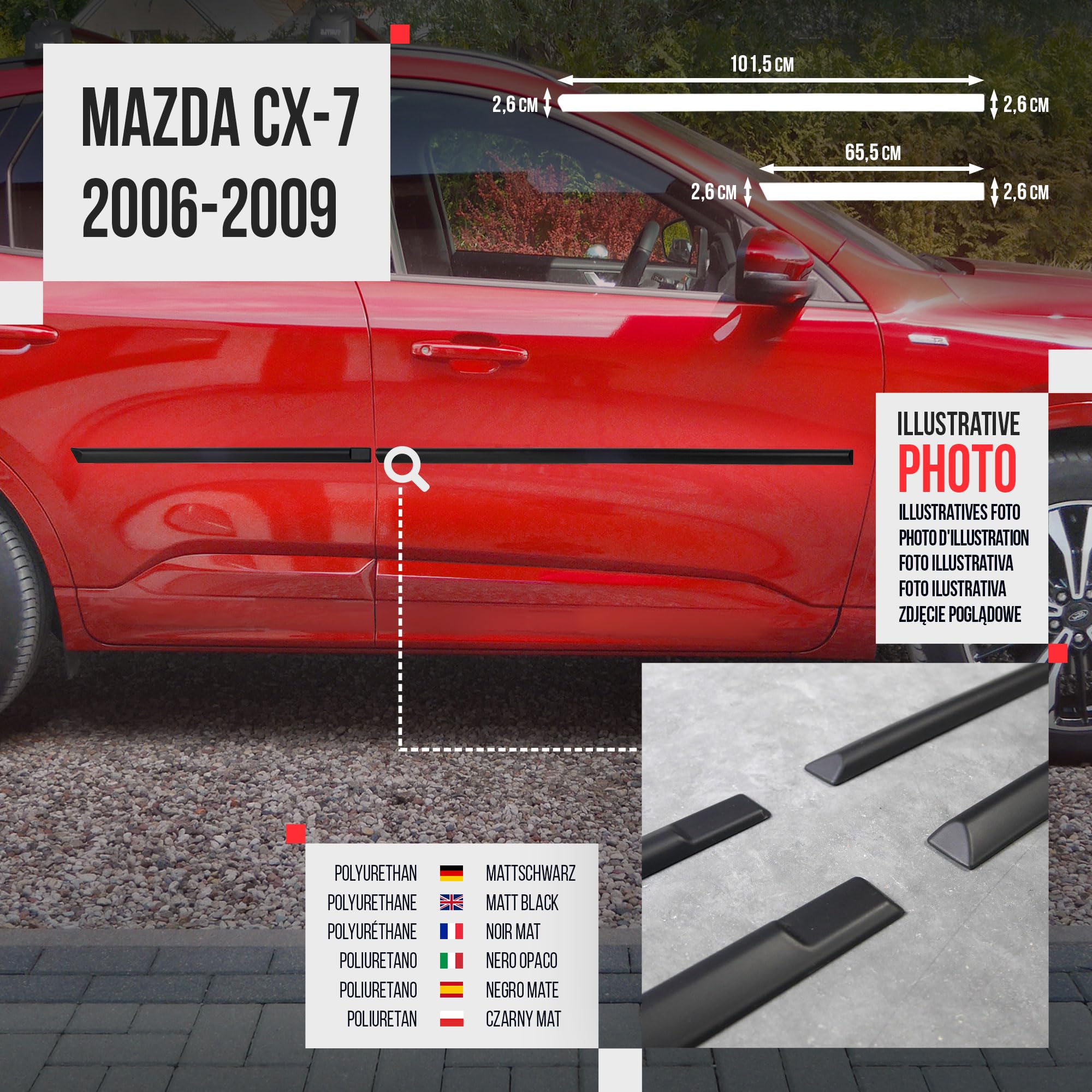 CHROMEMASTER | Listwy boczne drzwi | Kompatybilne z Mazda CX-7 2006-2009 | Poliuretan, Kolor Czarny | Listwy Boczne Zabezpieczają Drzwi Samochodu Przed Uszkodzeniem