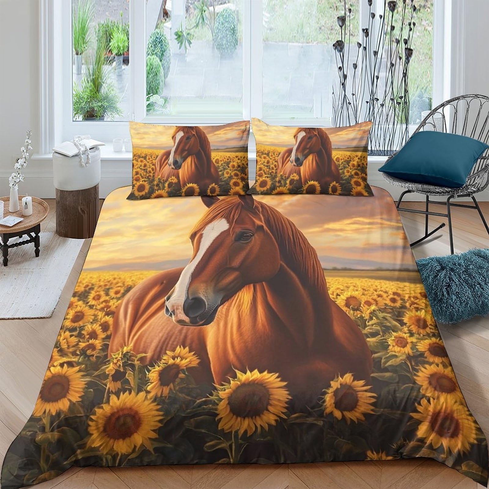 Ctjqhvkz Style-1 3D Printed Sunflower Field Fitted Sheet Microfiber Soft Horse Bed Cover Non-Slip Machine Washable Bedroom Decor Single（135X200cm）