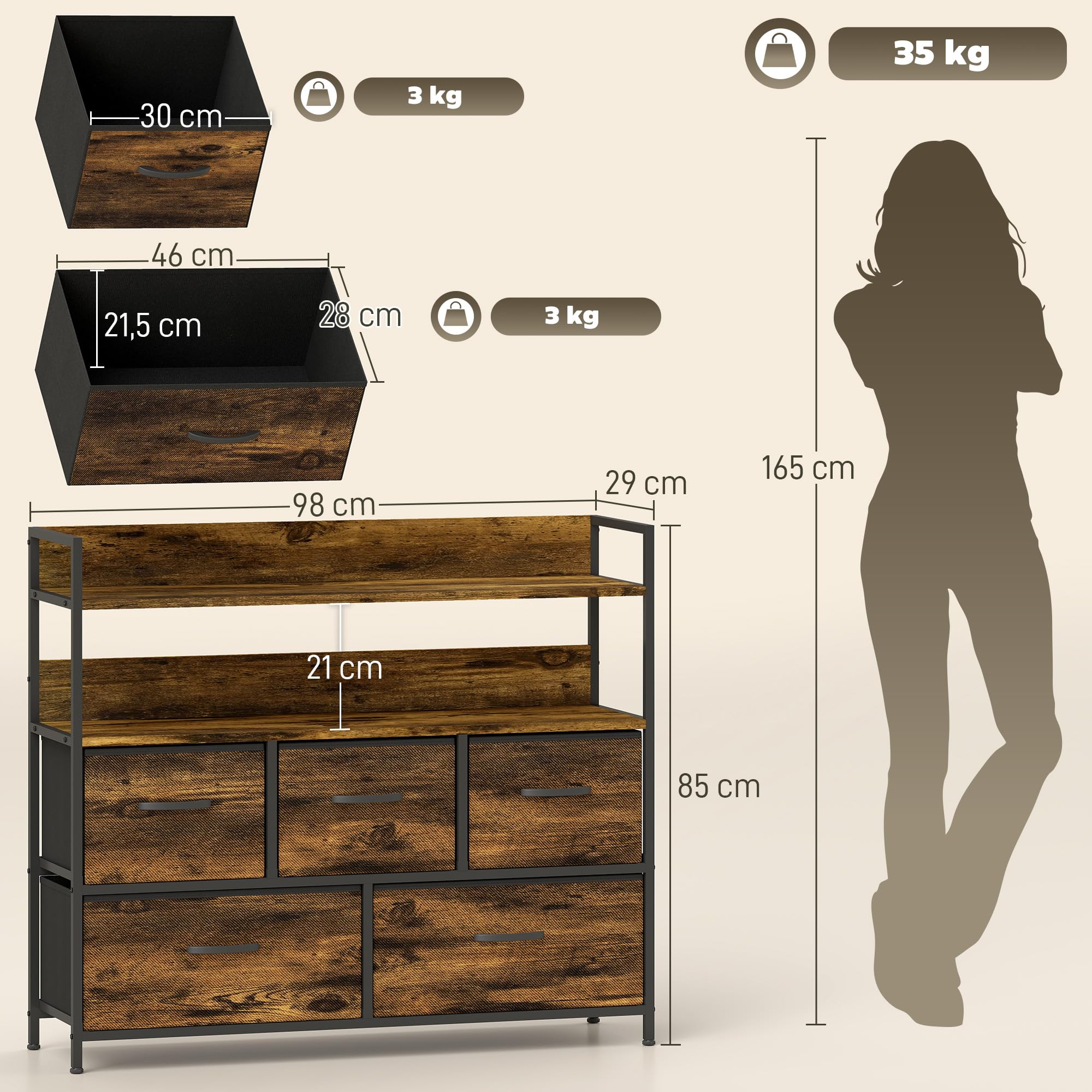 HOMCOM Commode avec 5 Tiroirs en Tissu Pliables, Brun Rustique | Commode Chambre, Meuble de Rangement, Étagères Ouvertes, Plateau, Cadre en Acier, Style Industriel, pour Chambre, Salon