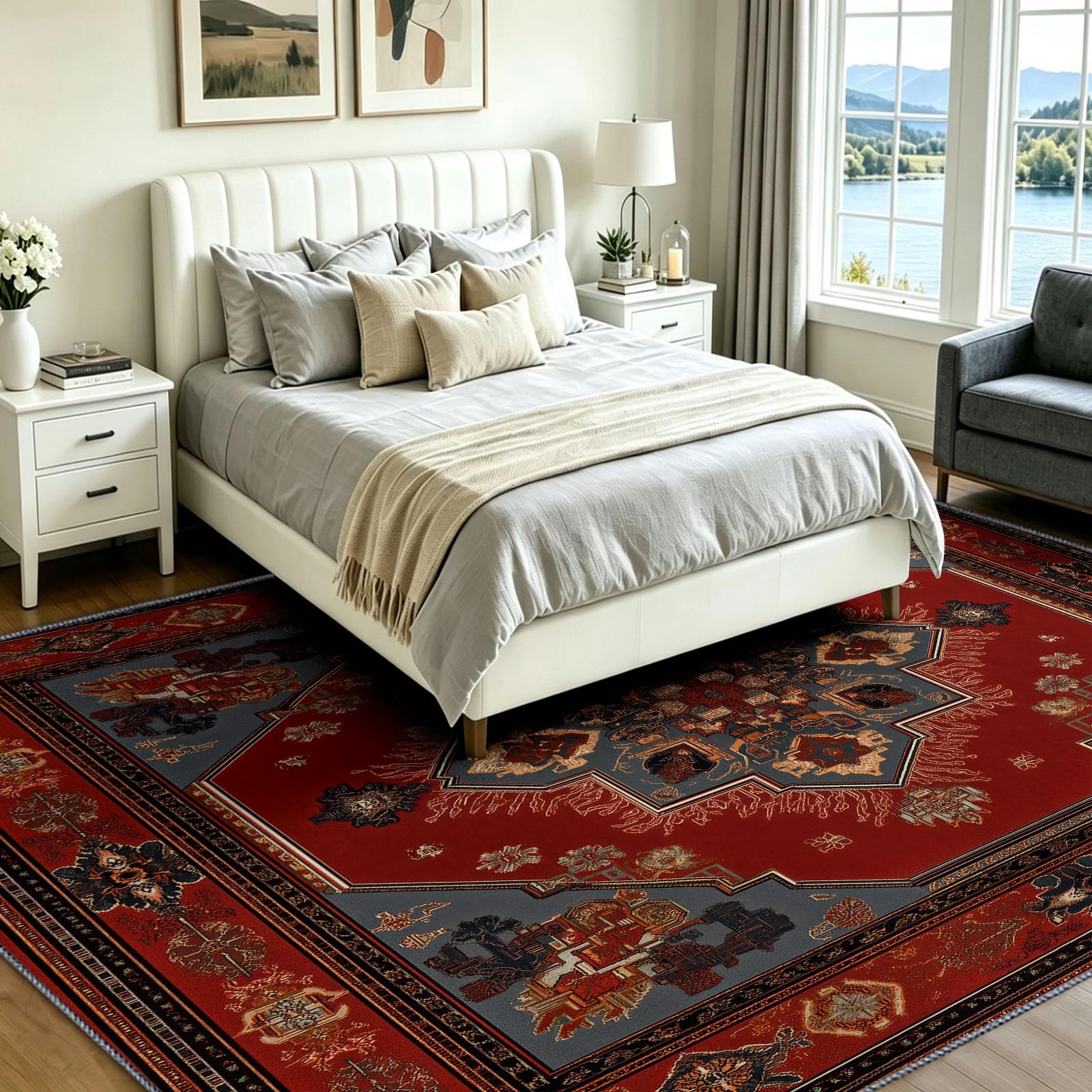 Générique Tapis Salon 160 x 230 cm Géométrique Tissé, Tapis Traditionnel, Lavable Antidérapant, Decoration Chambre Maison, Poil Ras, Doux, Bleu Canard