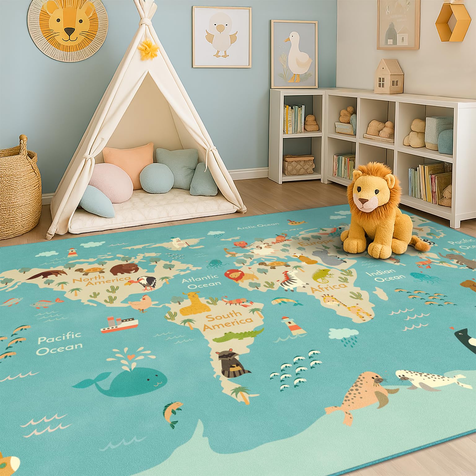 Washable Kids Playroom Rug 5x7 Play Rug for Preschool Toddlers Baby Girls Educational with Cute Animals Non-Slip Stain