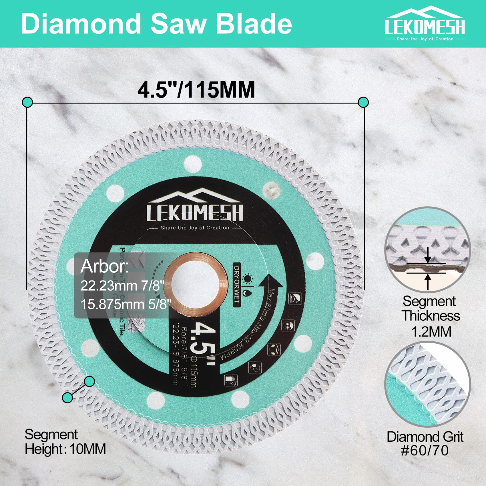 Discos de Diamante Cuchilla de Corte 115MM - LEKOMESH Discos de Corte de Diamante con X Malla Corte Superfino, Rápido y Limpio Porcelánico Cerámica Mármol Granito Piedra Artificial