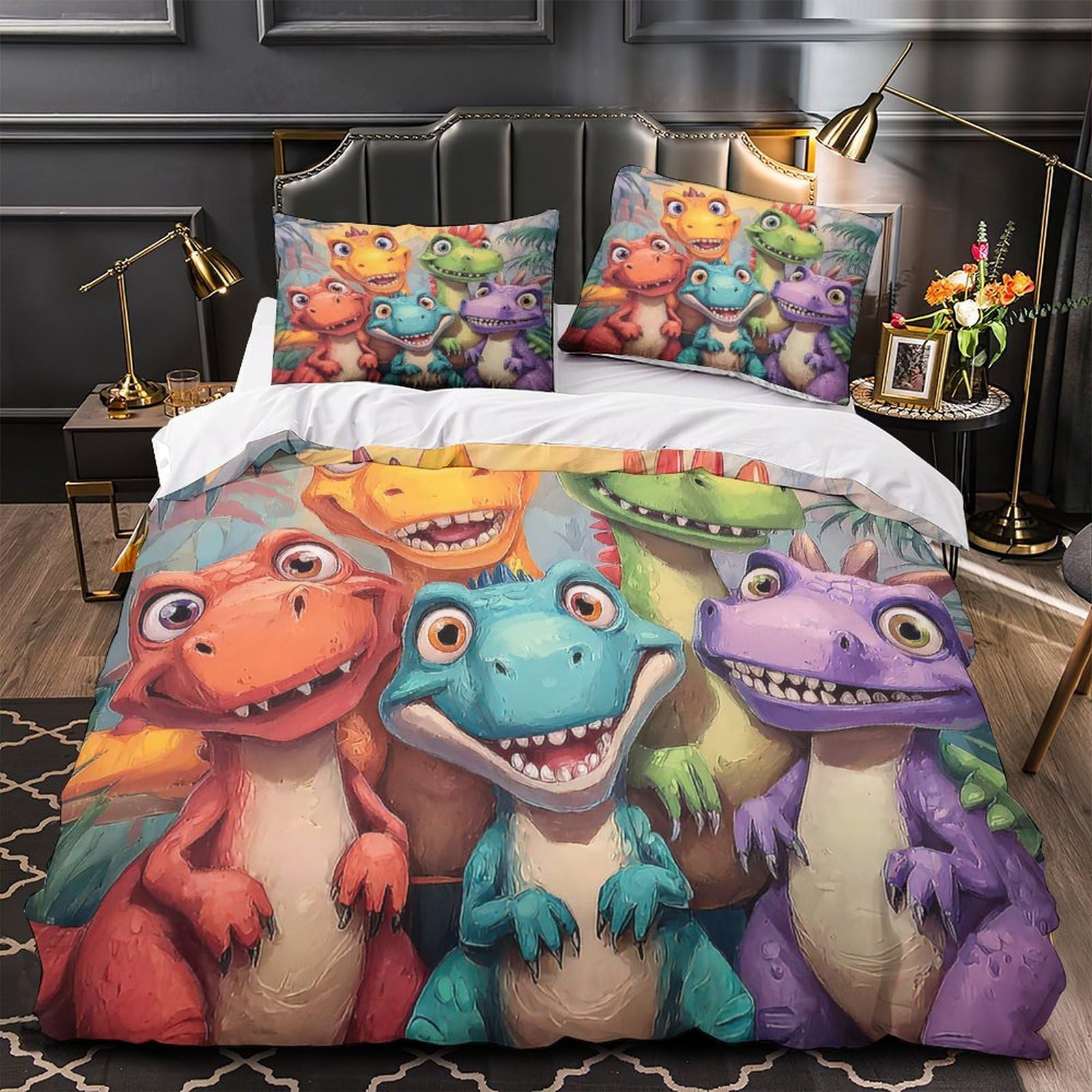 Housse de couette dinosaure hypoallergénique et respirante pour grand lit enfant