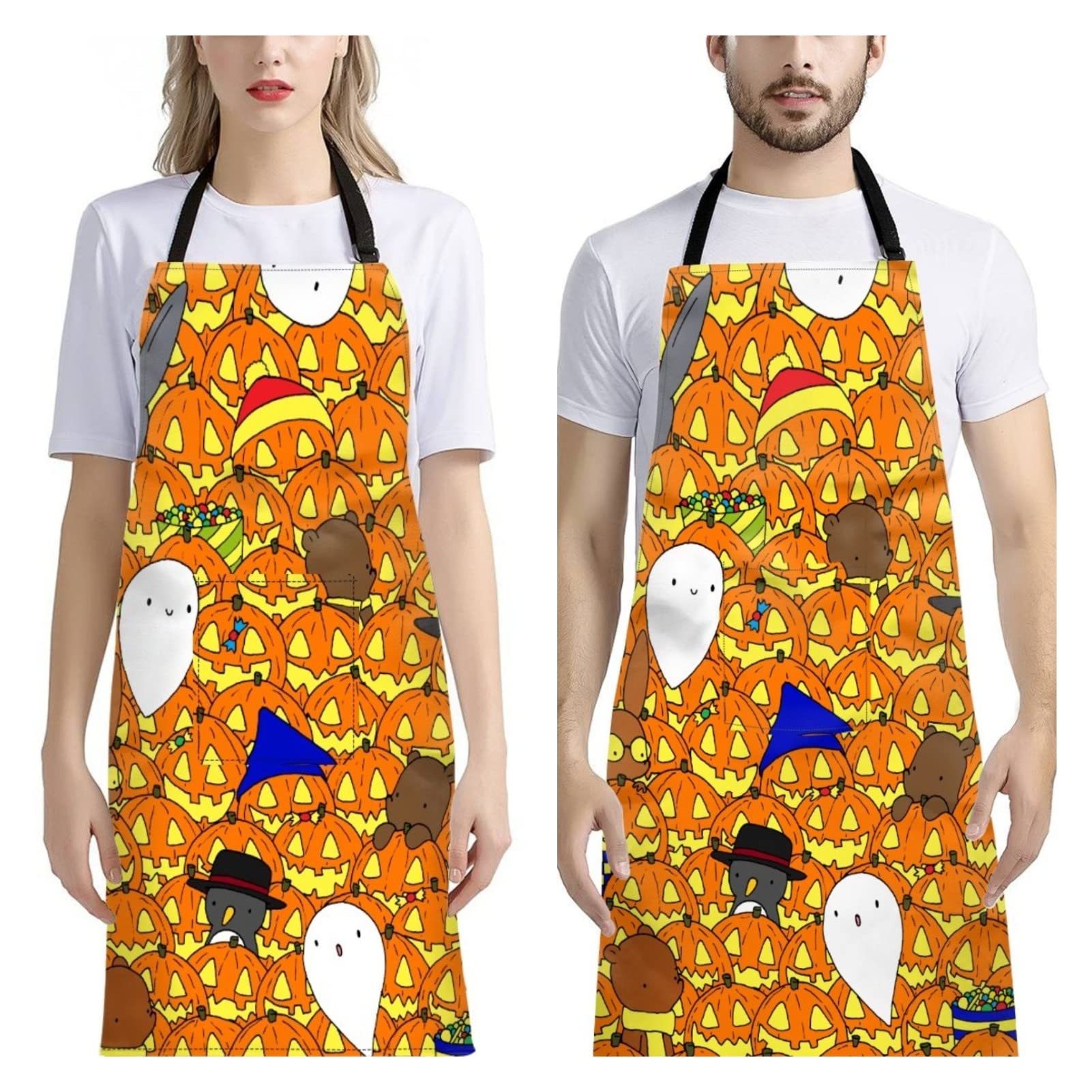 Dajingkj Aprons with Pockets Straps for Women Men 2 Pack Halloween Pumpkin Witch Bat Theme Adjustable Waterproof Long Apron for Cooking Baking Gardening Gifts for Grandma Mother Wife