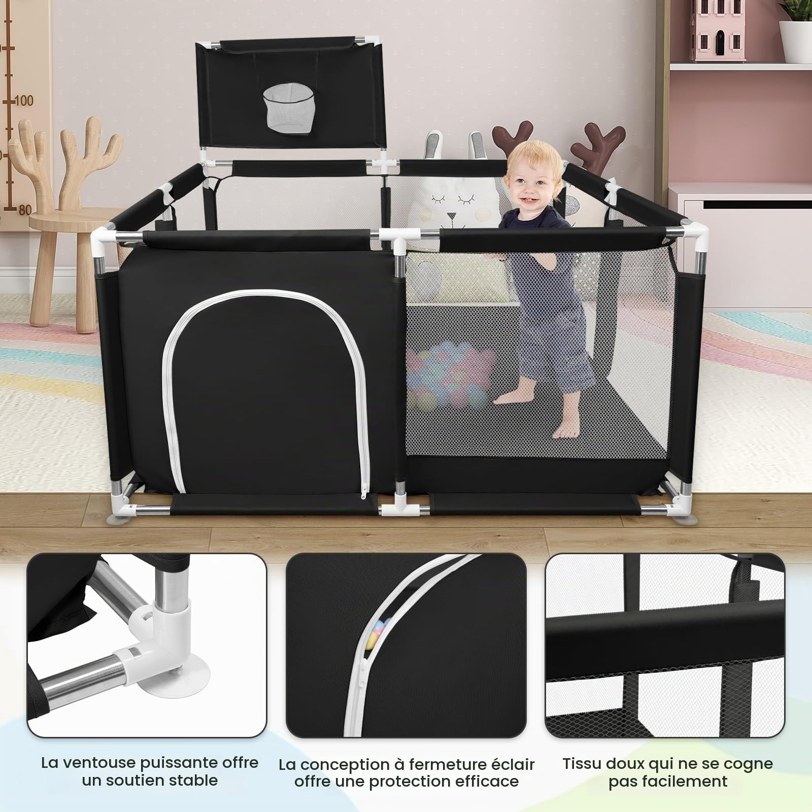 Box per Bambini con Succhiatori, Versione potenziata 2025 Recinto per Baby Tessuto Oxford 300D, Centro Attività per Bambini, Facile da Montare e da Pulire-126 * 126 * 66 cm - Nero