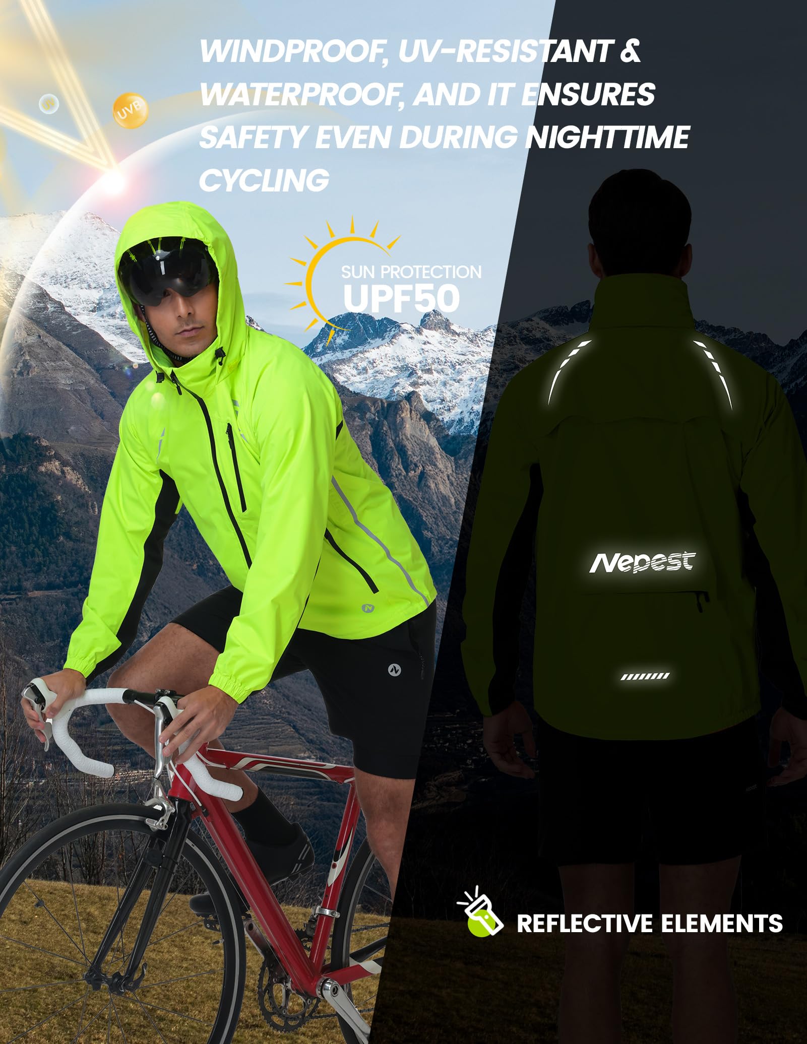 Nepest Veste de cyclisme imperméable homme 10K H2O respirabilité 5K 6 poches Réfléchissante UPF50+ coupe-vent VTT course randonnée