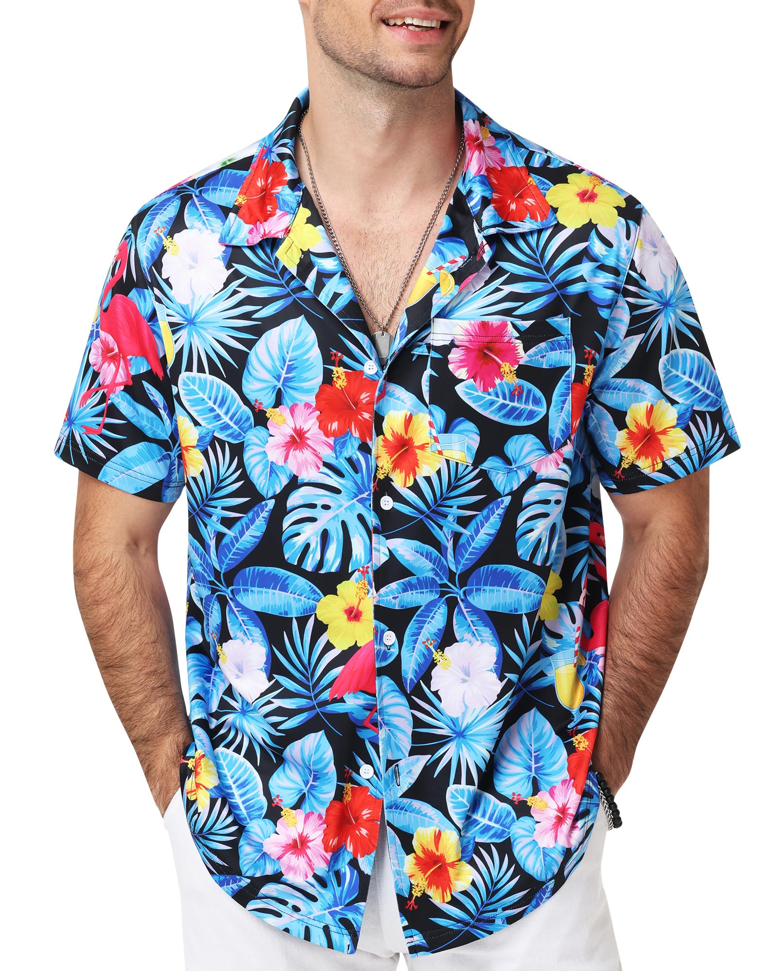 Runhit Hawaii Hemd Männer, Leichtes Sommerhemd Kurzarm mit Brusttasche und Tropischem Print, Atmungsaktiv Strandhemd für Strand Urlaub Alltag