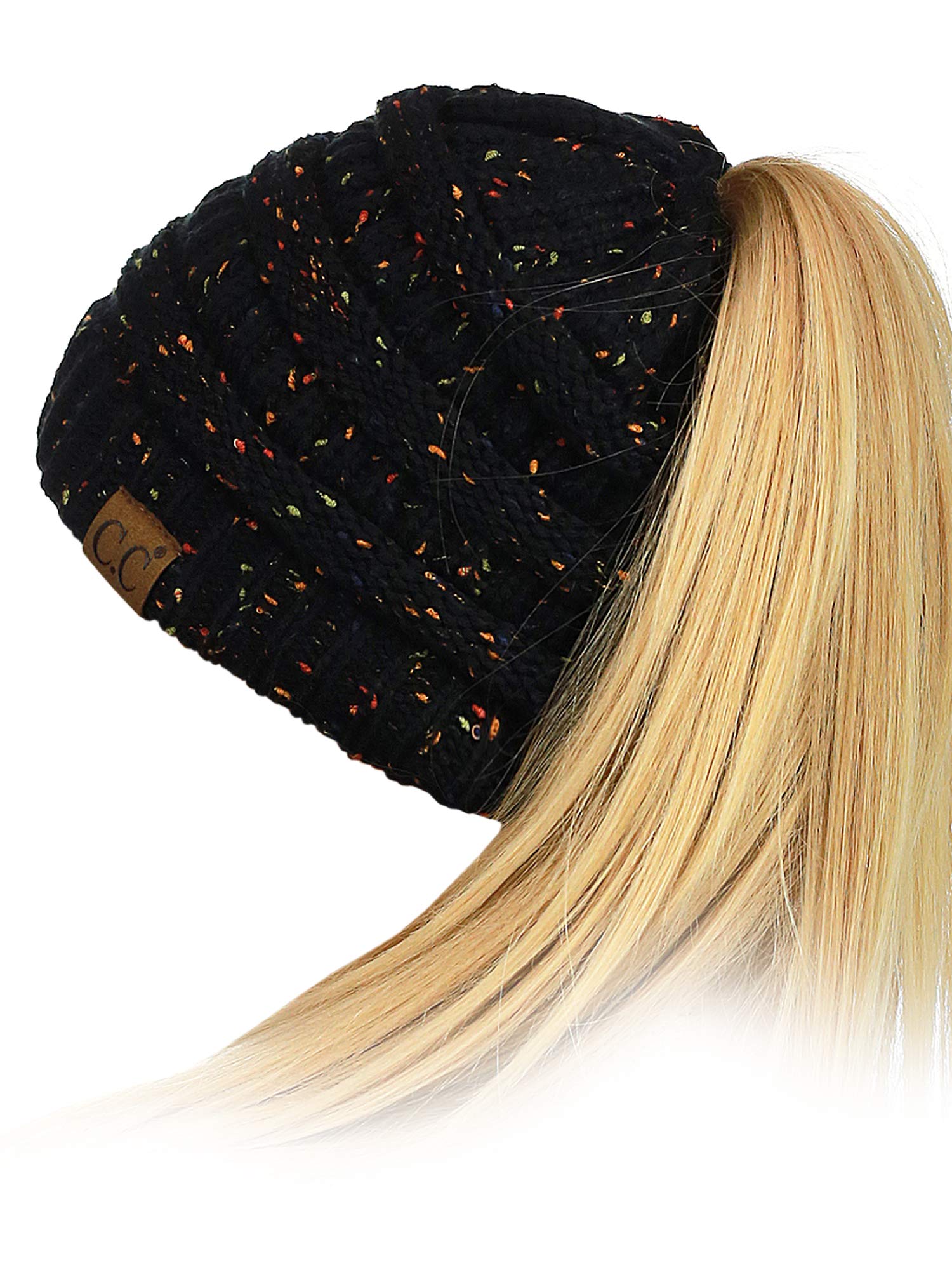 C.CBeanieTail Soft Stretch Cable Knit Messy High Bun Ponytail Beanie Hat