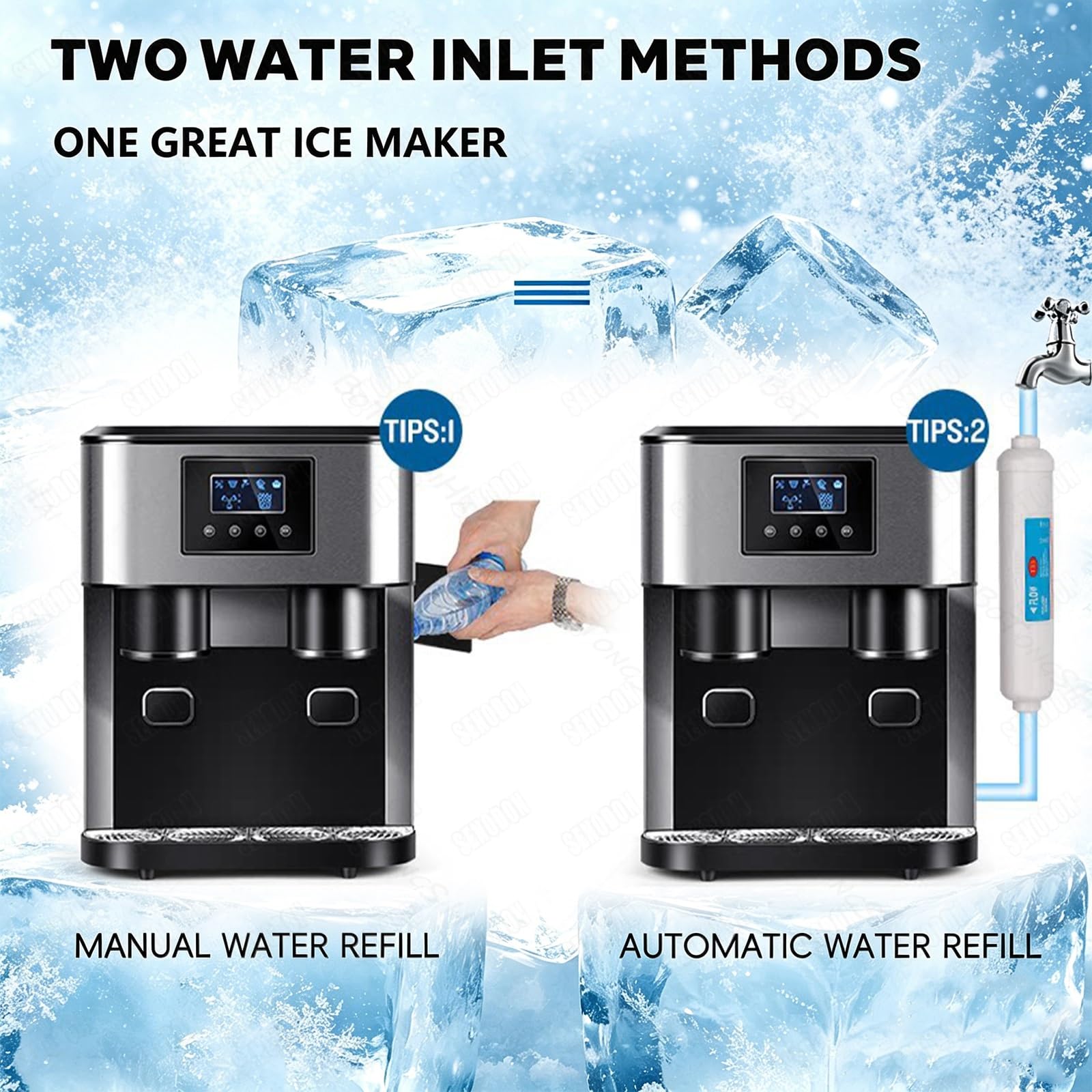 Máquina de Hielo de Encimera 3 en 1, Depósito 1,8L, 18kg/Día, Portátil para Hogar Cocina Oficina Caravanas Fiestas