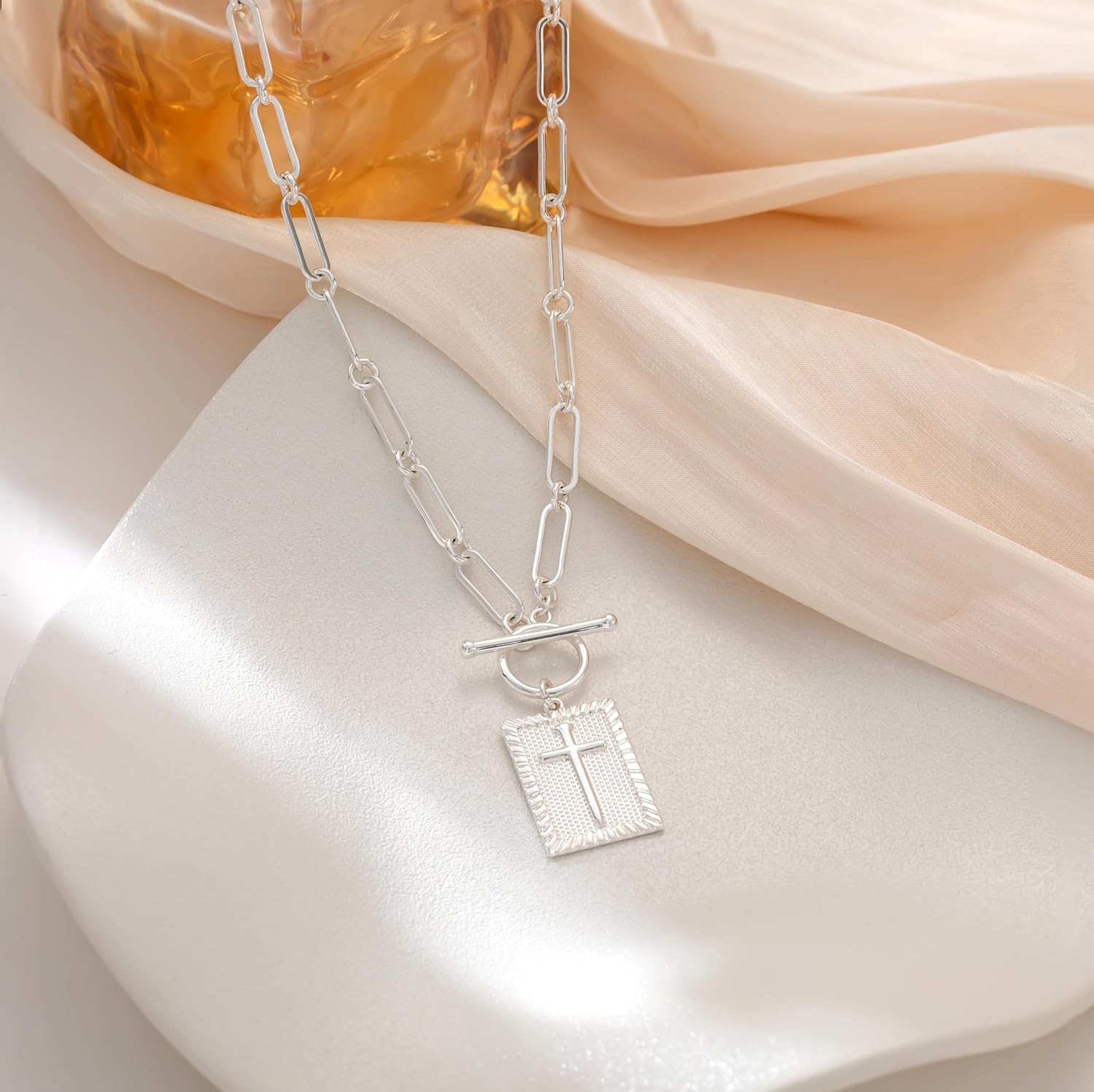 Tewiky 14K Gold Plated/Silver Plated Cross Necklace for Women Trendy Chunky Cross Pendant Necklace Toggle Clasp Paperclip Box Chain Charm Necklaces for Women Jewelry Gift Christian Religious Baptism - Image 6