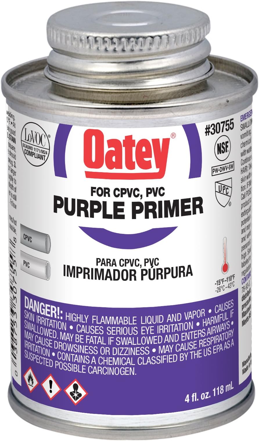 Homax Products Oatey G30755 PVC Primer, 903 Series, Purple 1/4 Pint Can, 1-Pack
