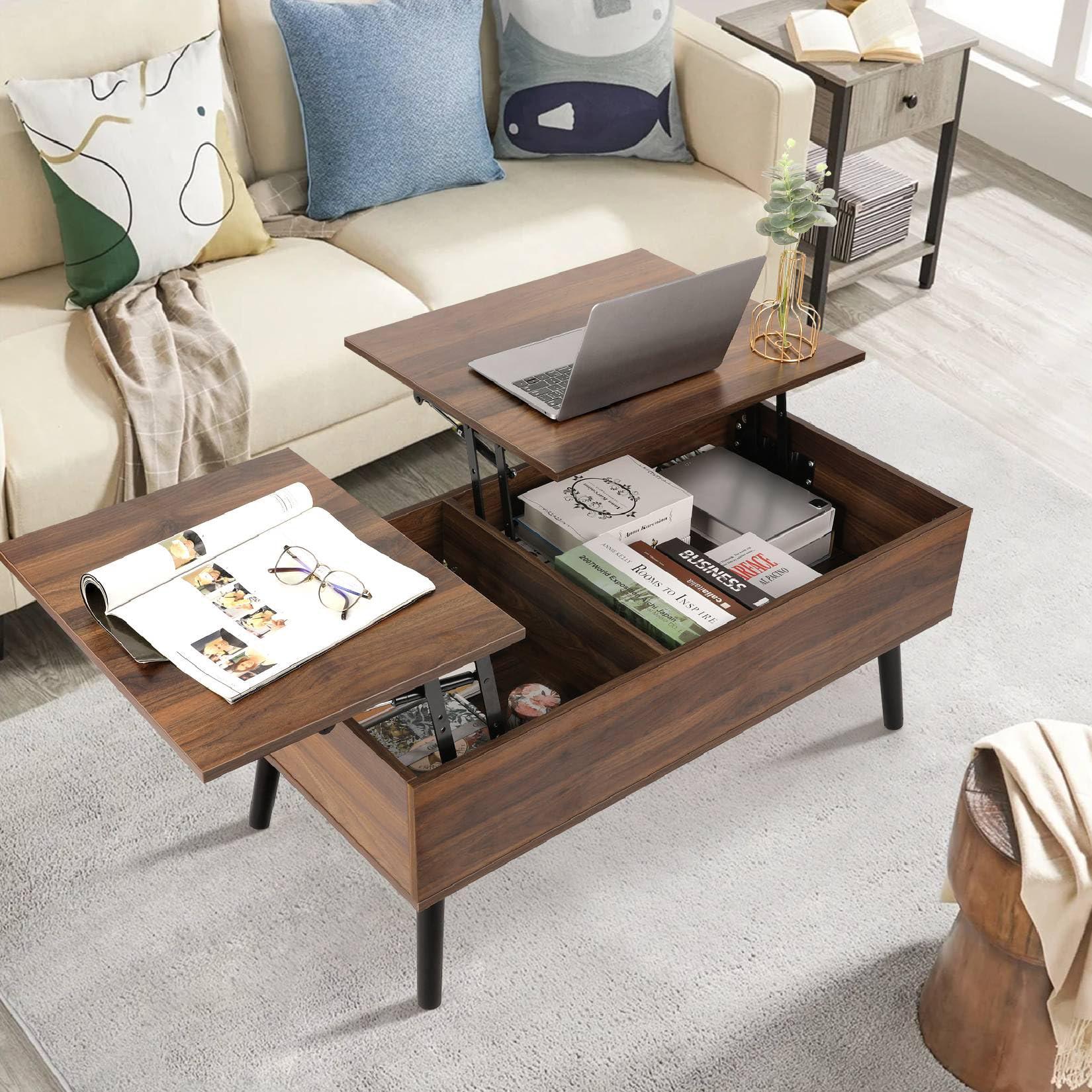 VOWNER Table Basse Relevable Extensible Noix | Double Plateau Réglable en Hauteur avec Compartiment de Rangement Caché
