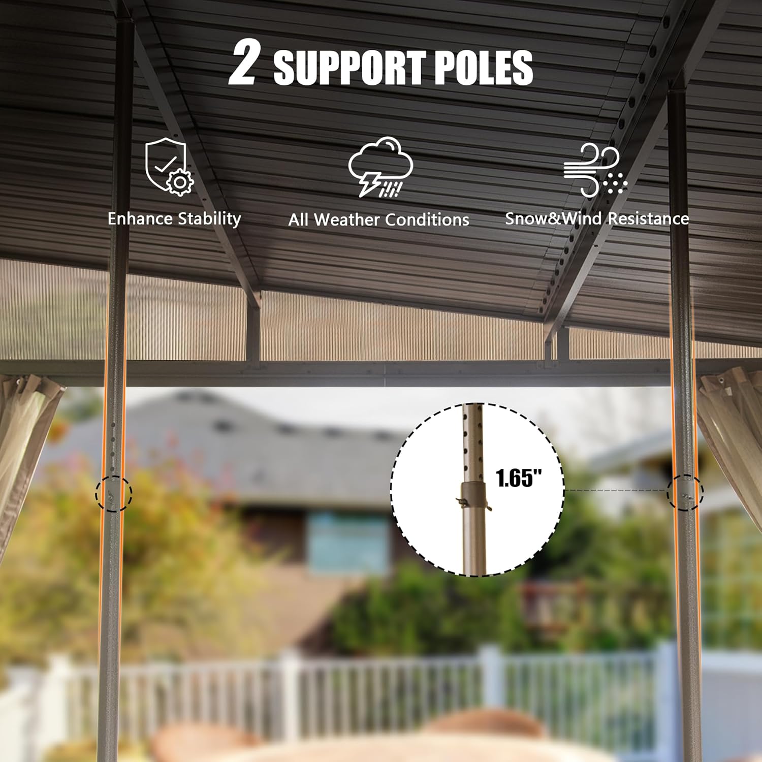 Diagram showing two adjustable support poles for the gazebo roof