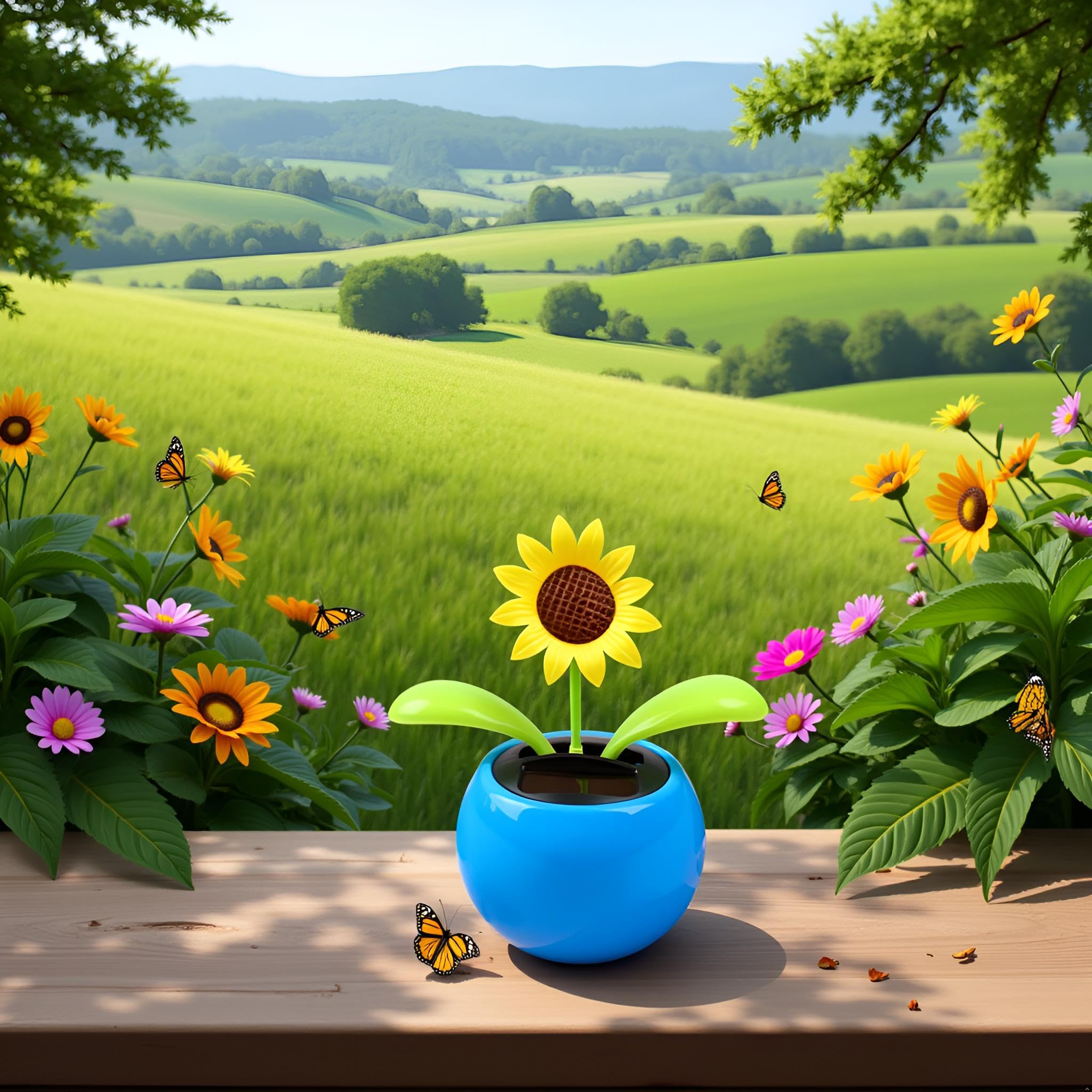 Blaue solarbetriebene tanzende Sonnenblume, Automobil-Ornament, solarbetrieben, tanzende Sonnenblume in Töpfen, schwingend, animierter Wackelkopf, Tänzerfenster, Sonnenfänger, Auto, Armaturenbrett