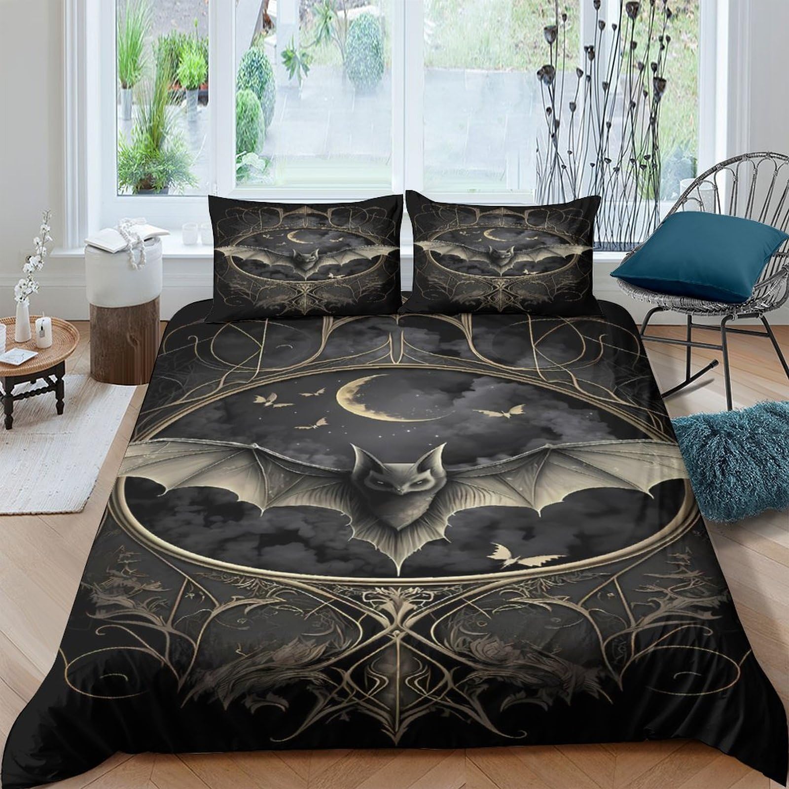 Ctjqhvkz Style-5 3D Printed Gothic Bat Moon Fitted Sheet Microfiber Soft Black Vintage Forest Bed Cover For Bedroom Guest Room Decor Single（135X200cm）