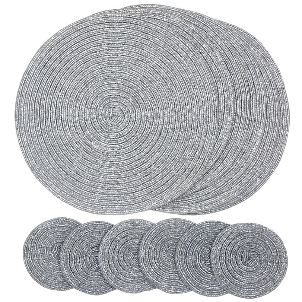 SCF2017 Round Woven Glitter Plastic Placemats 30cm Hollow Table Mats and 11cm Coasters,Set of 6,Silver