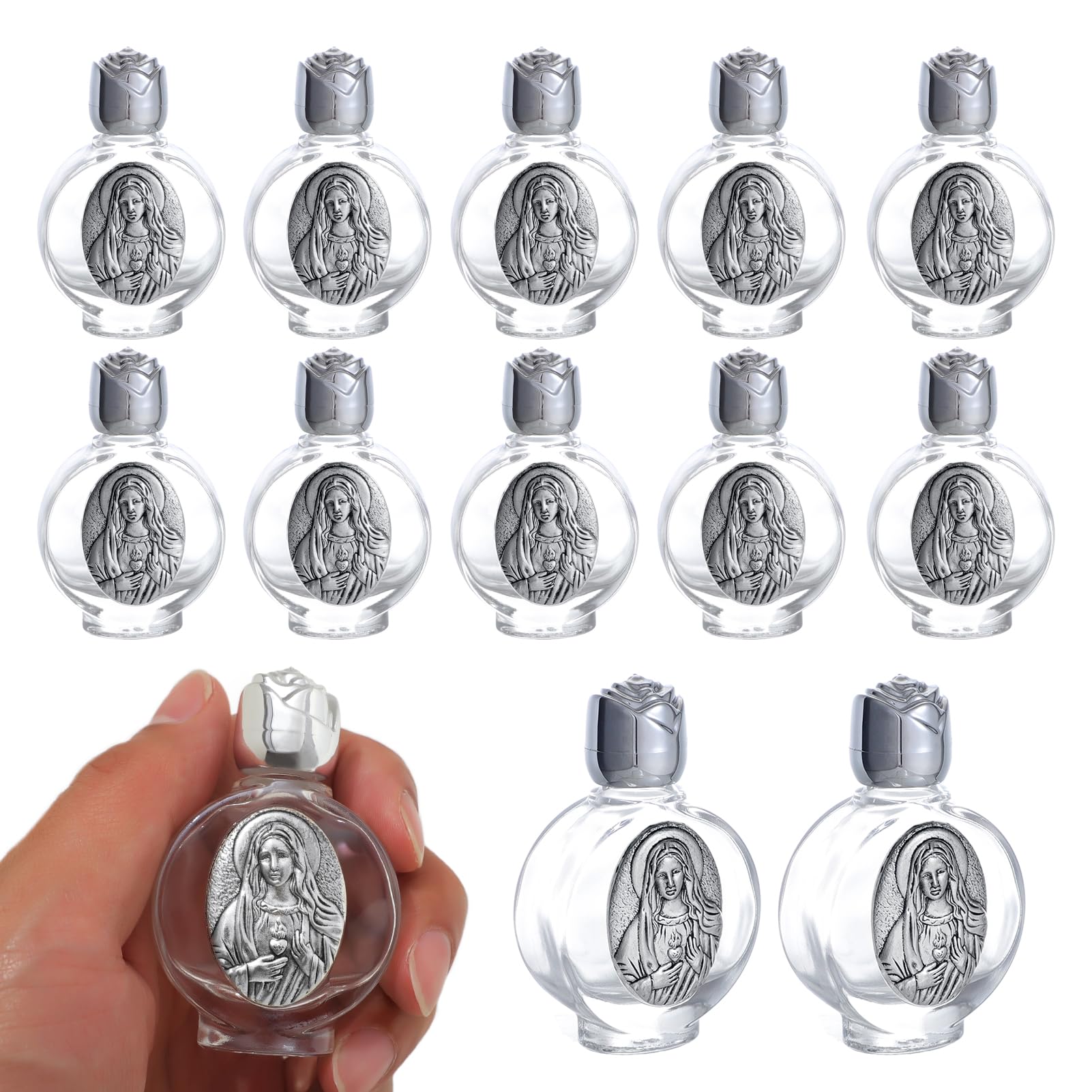 KOMI 12PCS Glass Holy Water Bottle 0.5 floz Mini Holy Water Container with Embossed Immaculate Heart of Mary Religious Empty Travel Bottle Church