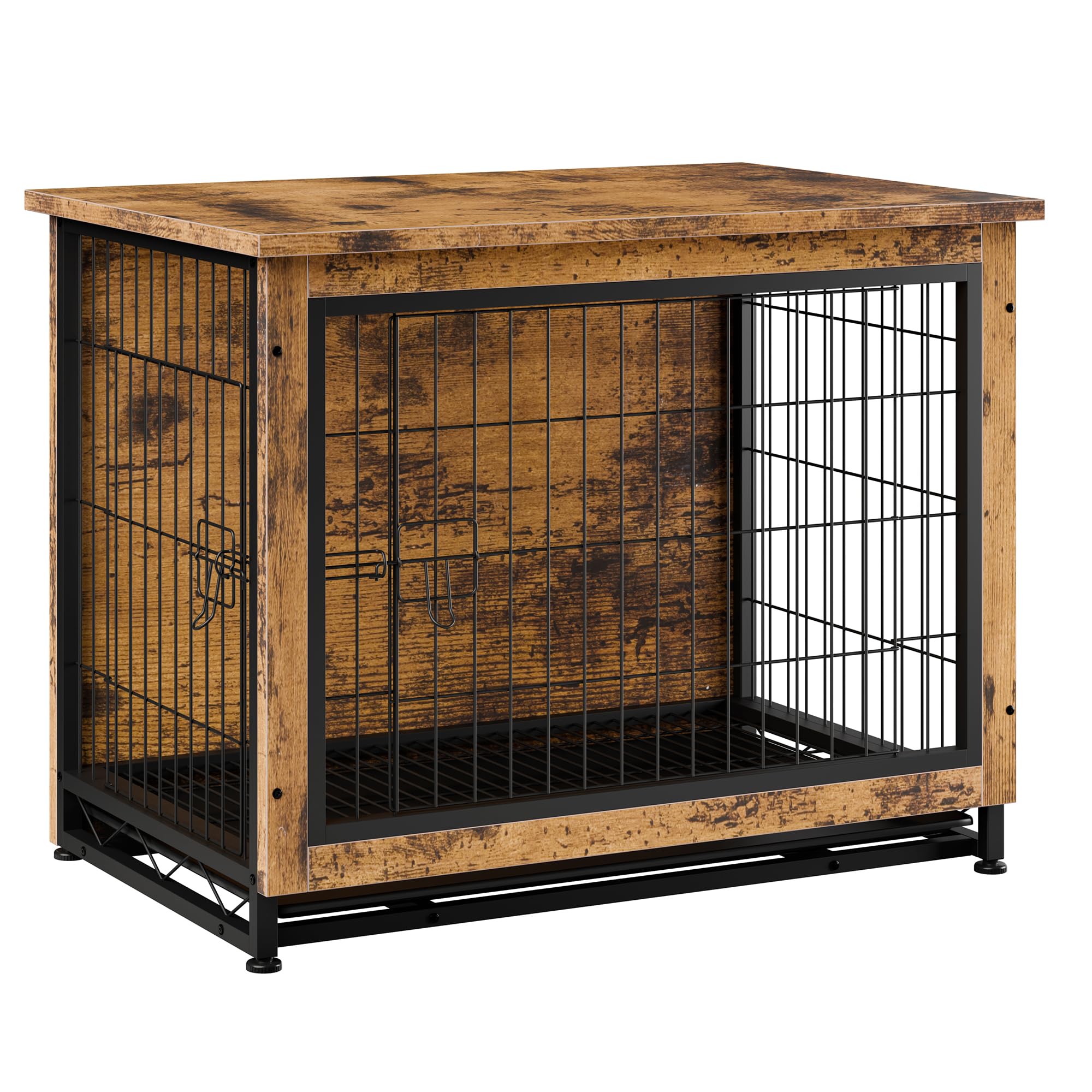 Vongrasig Dog Crate Furniture, Side End Table, Modern Wooden Kennel for Dogs Indoor, Heavy-Duty Dog Cage with Multi-Purpose Removable Tray, Double-Door Dog House, Rustic Brown