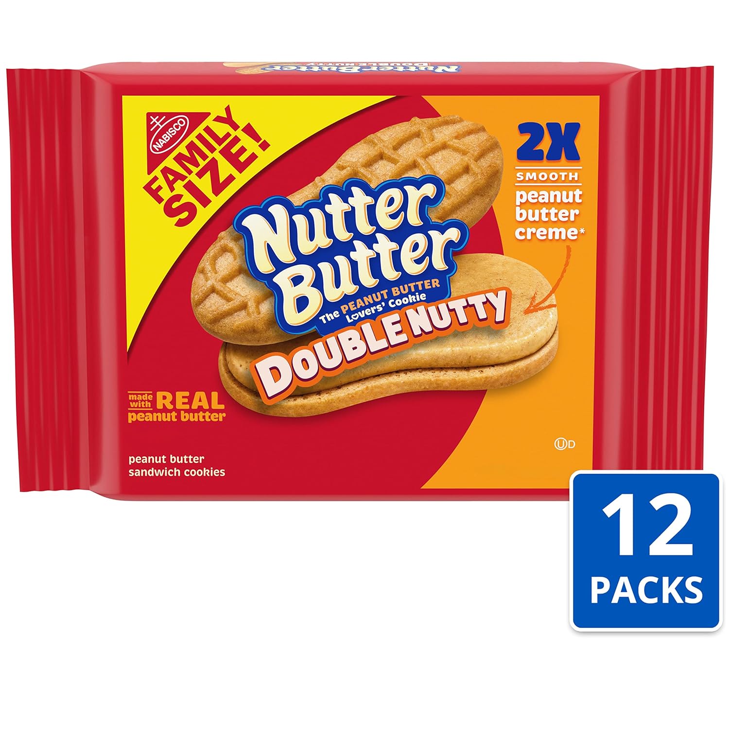 Nutter Butter Double Nutty Peanut Butter Sandwich Cookies, Family Size, 12-15.27 oz Packs